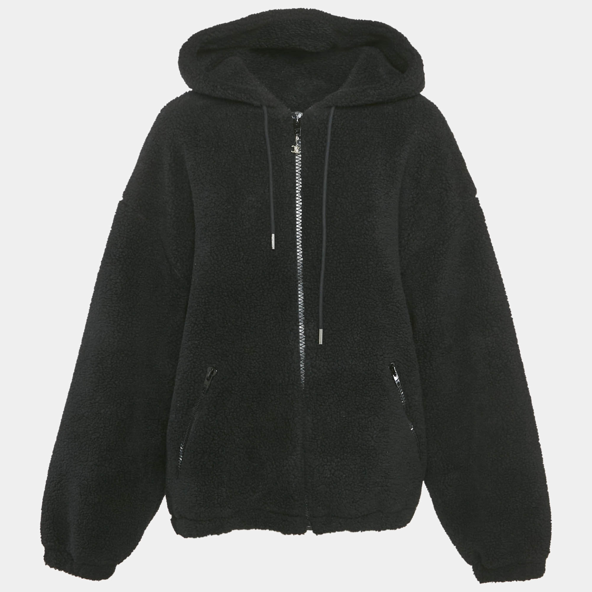 Pre Owned Celine Black Faux Shearling Zip-Up Hooded Jacket L