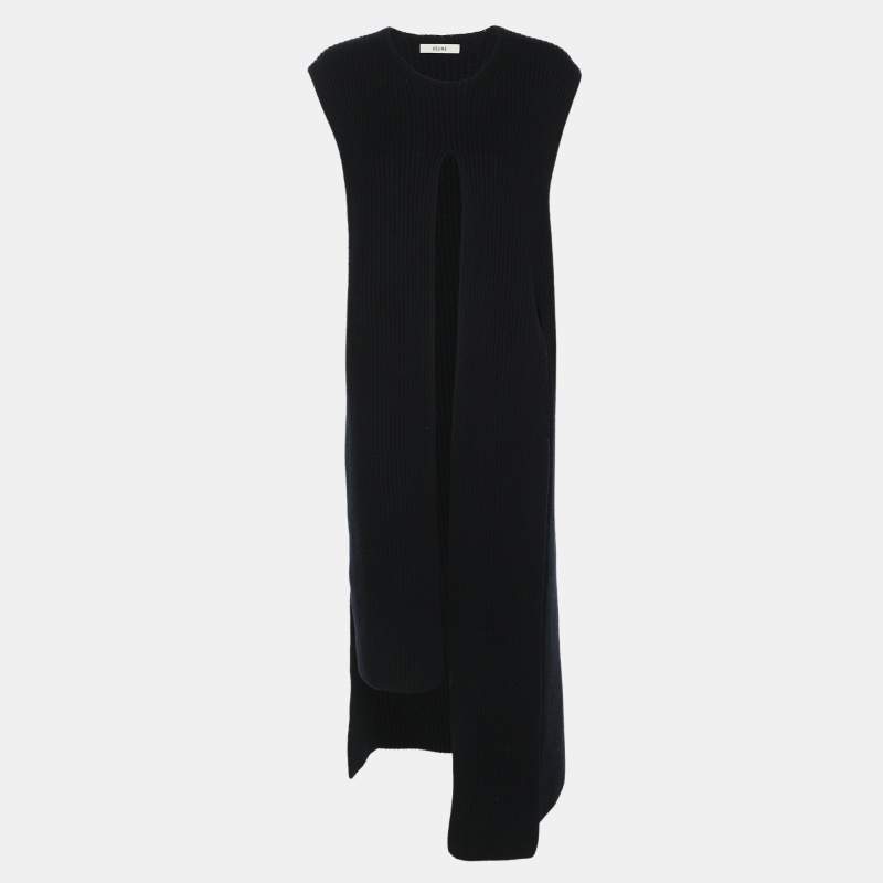 Pre Owned Celine Navy Blue Wool Rib Knit Dress S