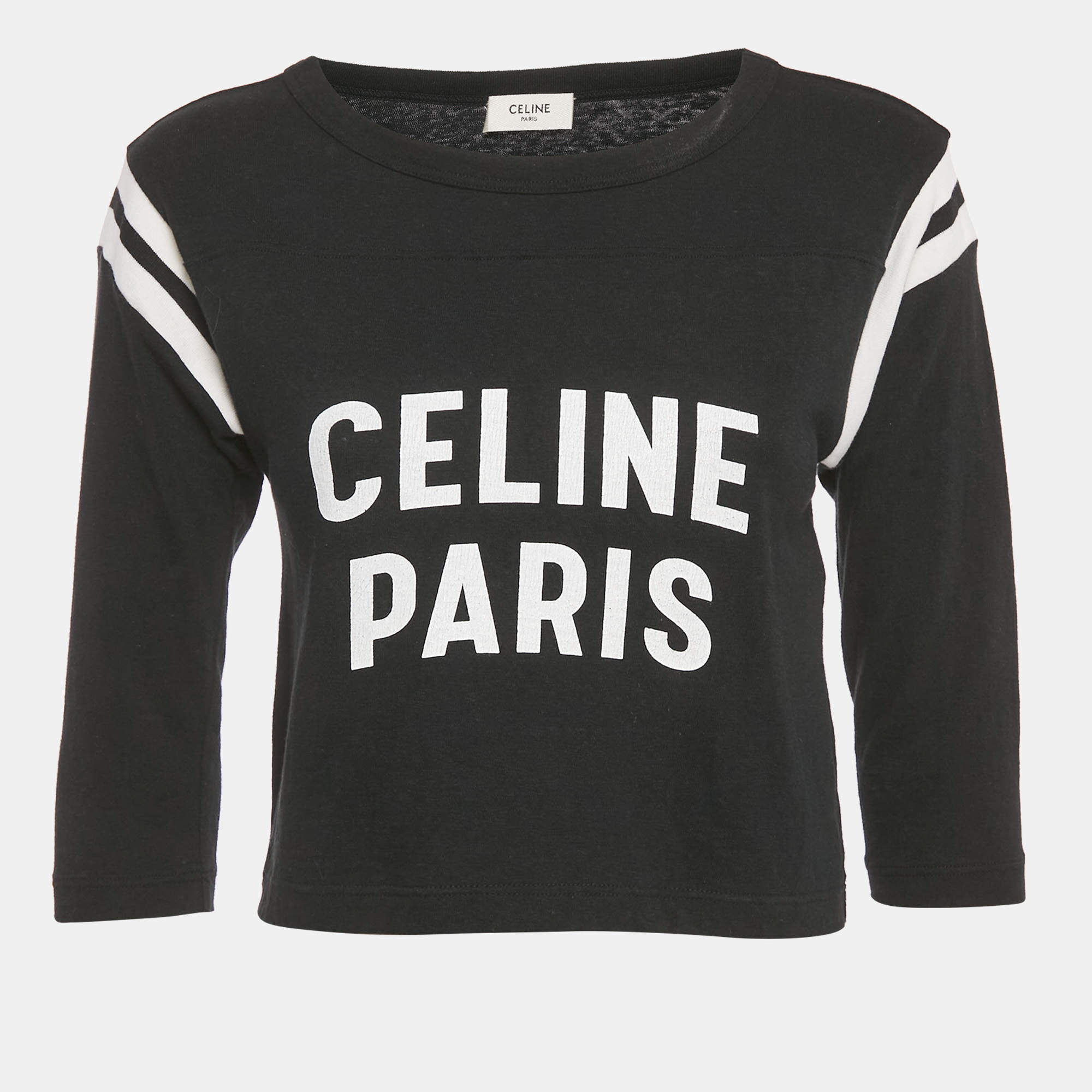 Pre Owned Celine Black Logo Print Cotton Boxy Crop Top S