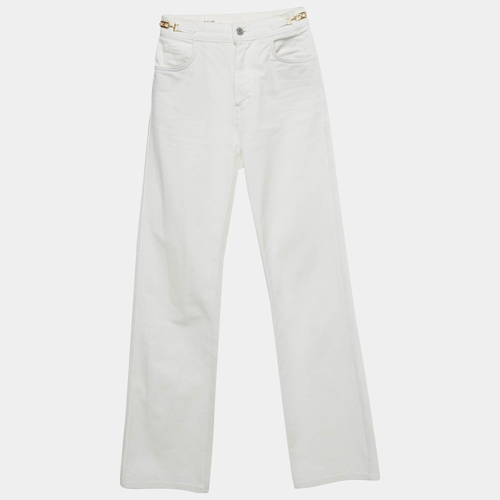 Pre Owned Celine White Denim Metal Detail Straight Leg Jeans S Waist 24"