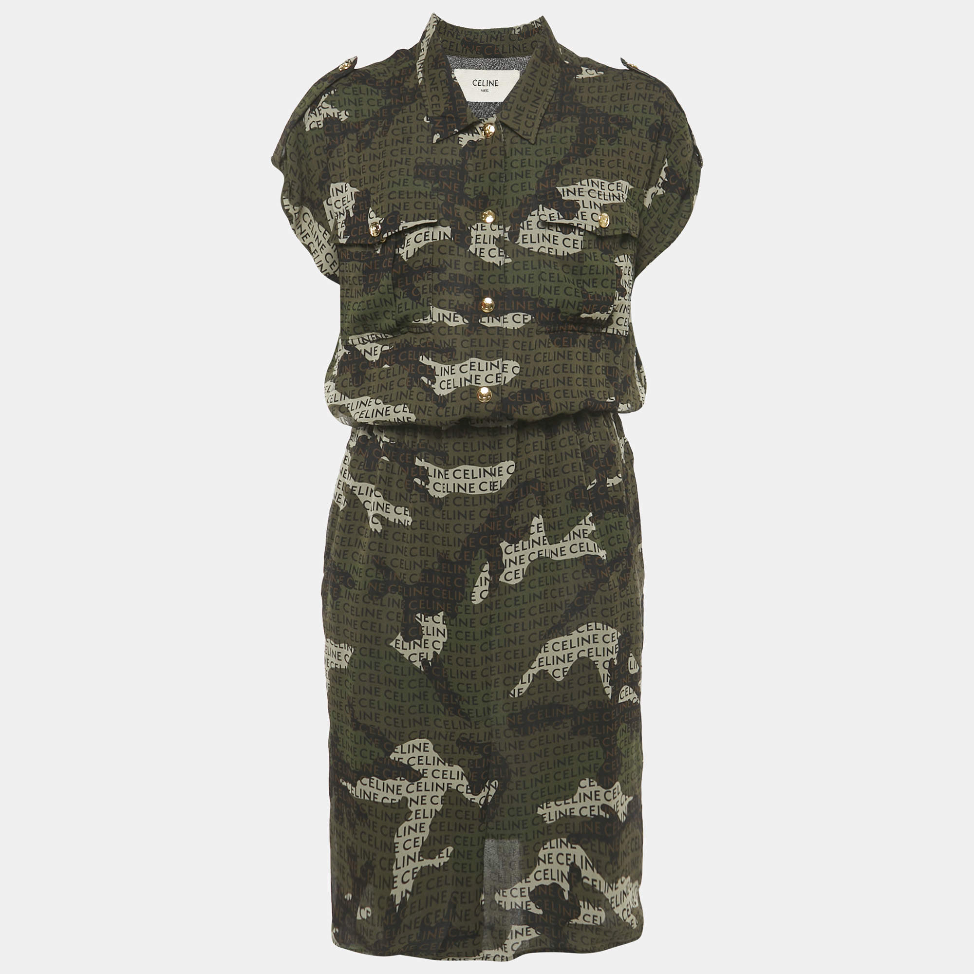 Pre Owned Celine Black Camouflage Logo Print Georgette Midi Shirt Dress M