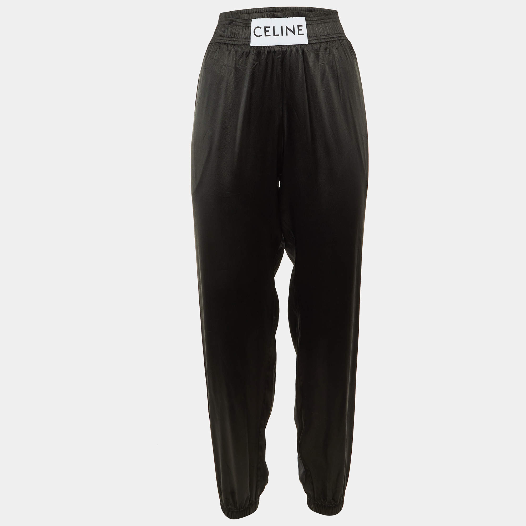 Pre Owned Celine Black Satin Logo Waist Band Trousers M