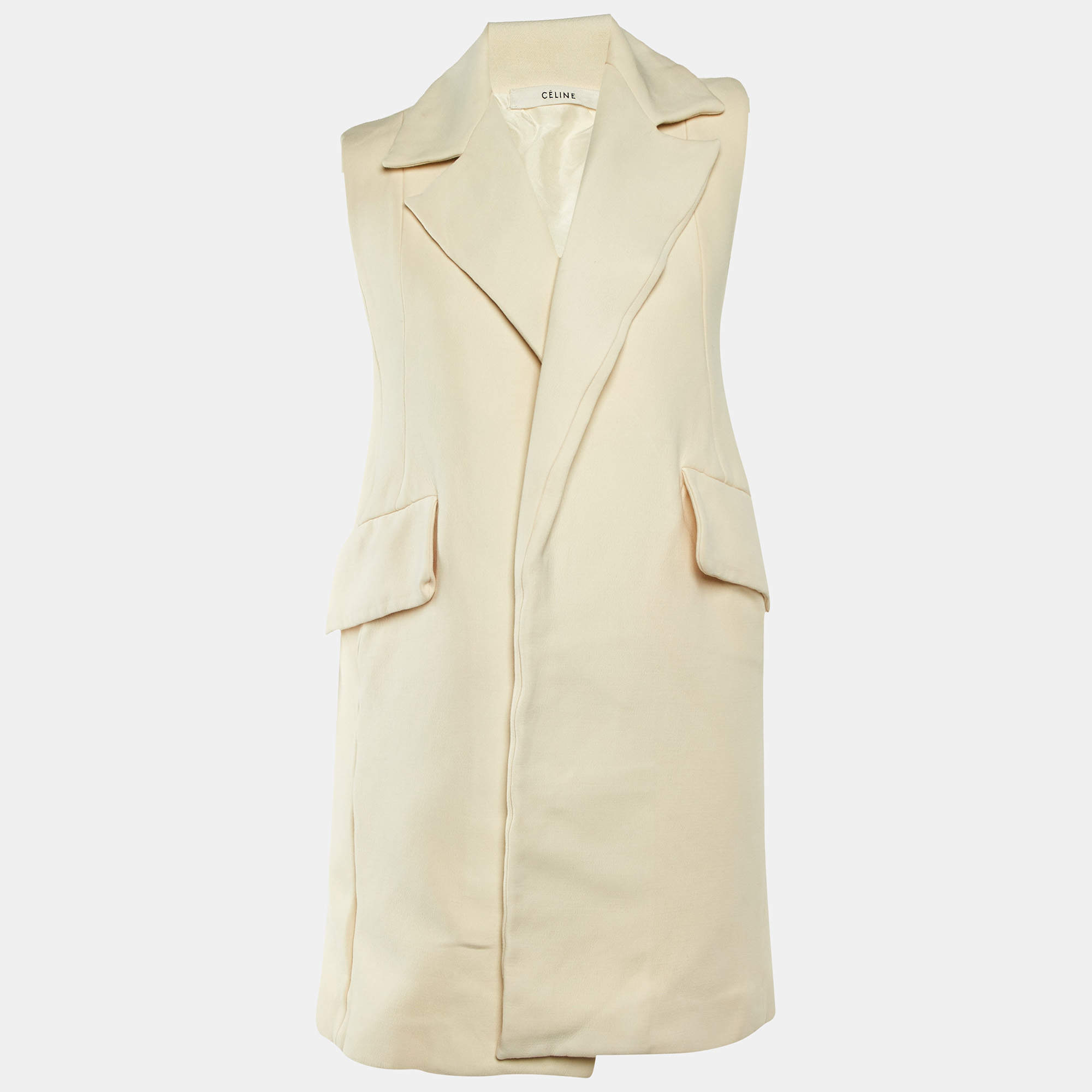 Pre Owned Celine Cream Wool & Silk Sleeveless Long Vest S