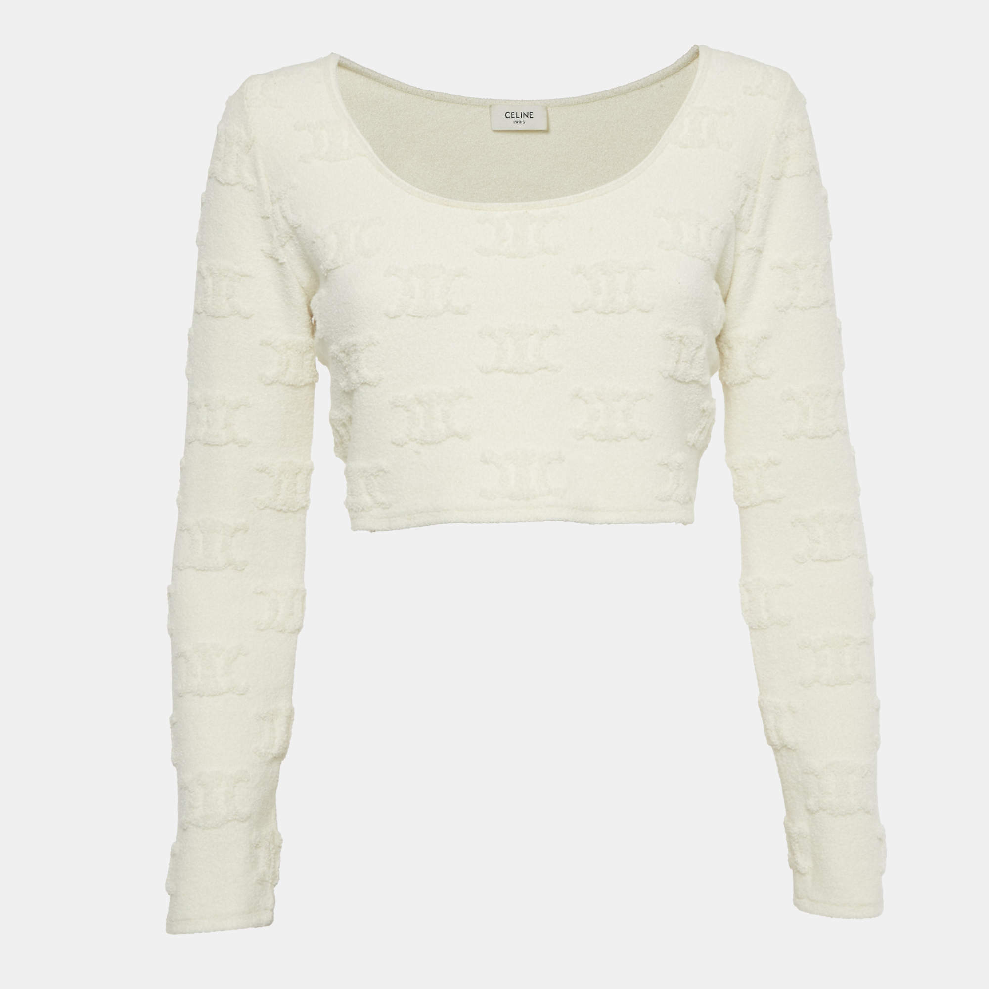 Pre Owned Celine Cream Triomphe Terry Cotton Cropped Jumper M