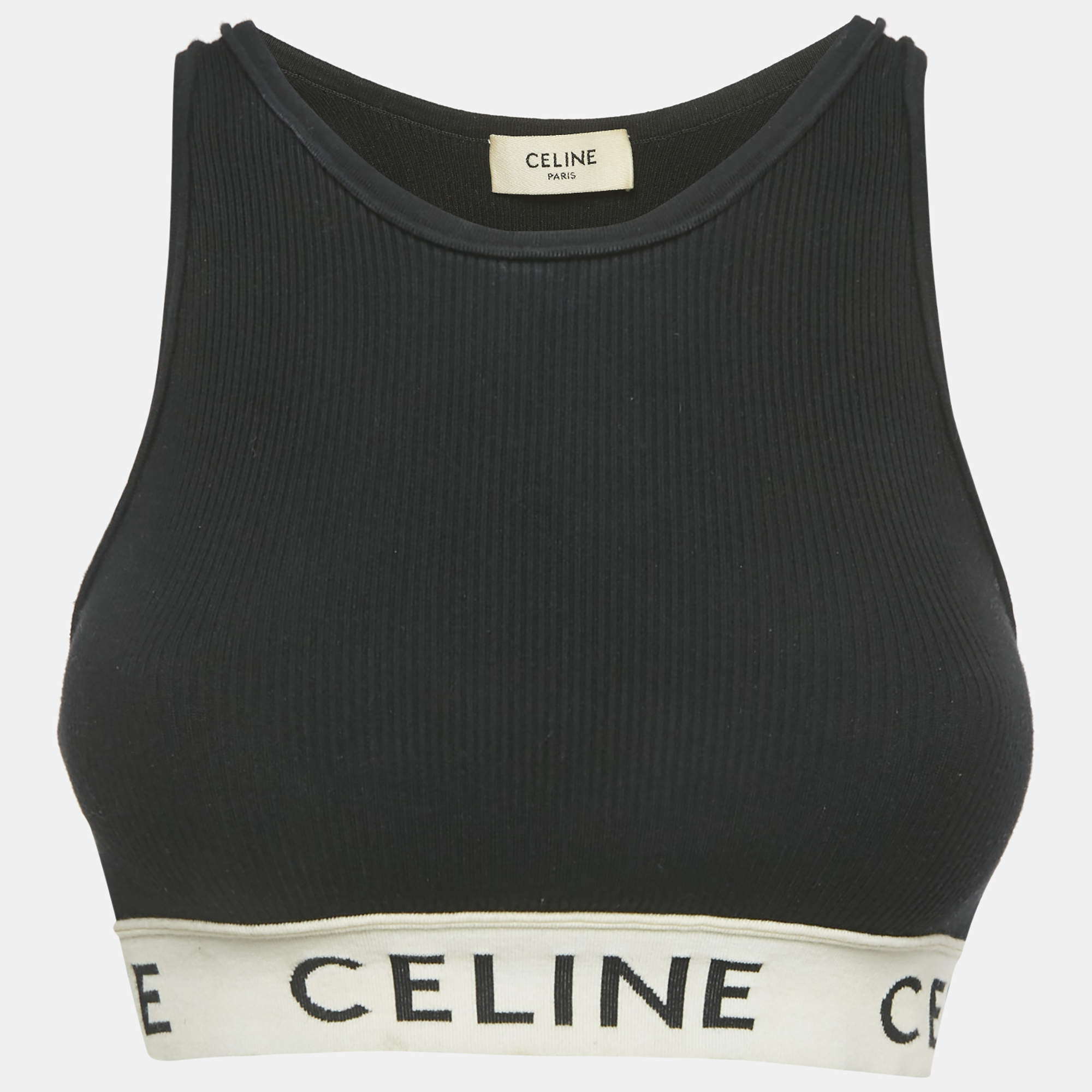 Pre Owned Celine Black Cotton Knit Logo Band Detail Athlete Tank Top S