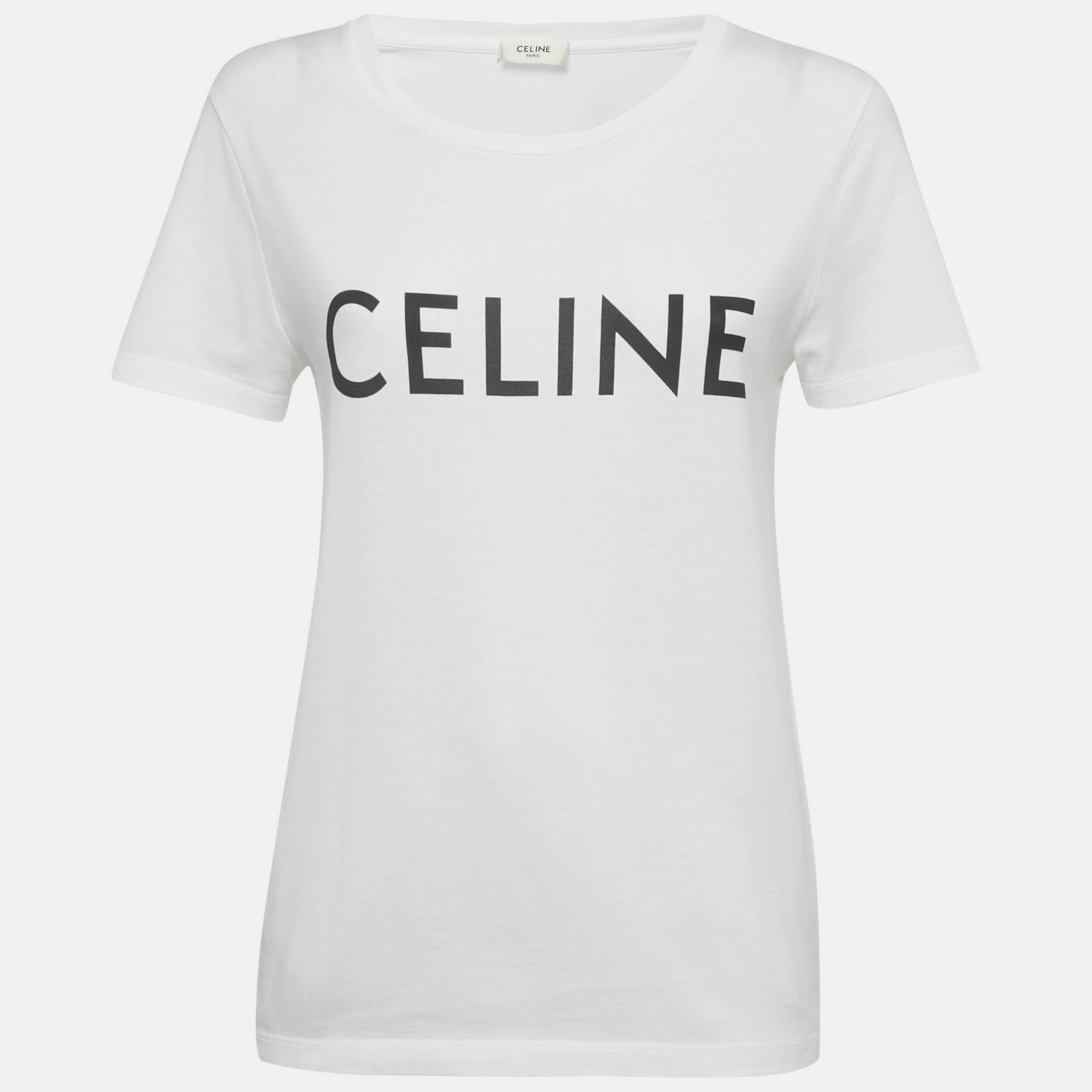 Pre Owned Celine White Logo Print Cotton T-Shirt M
