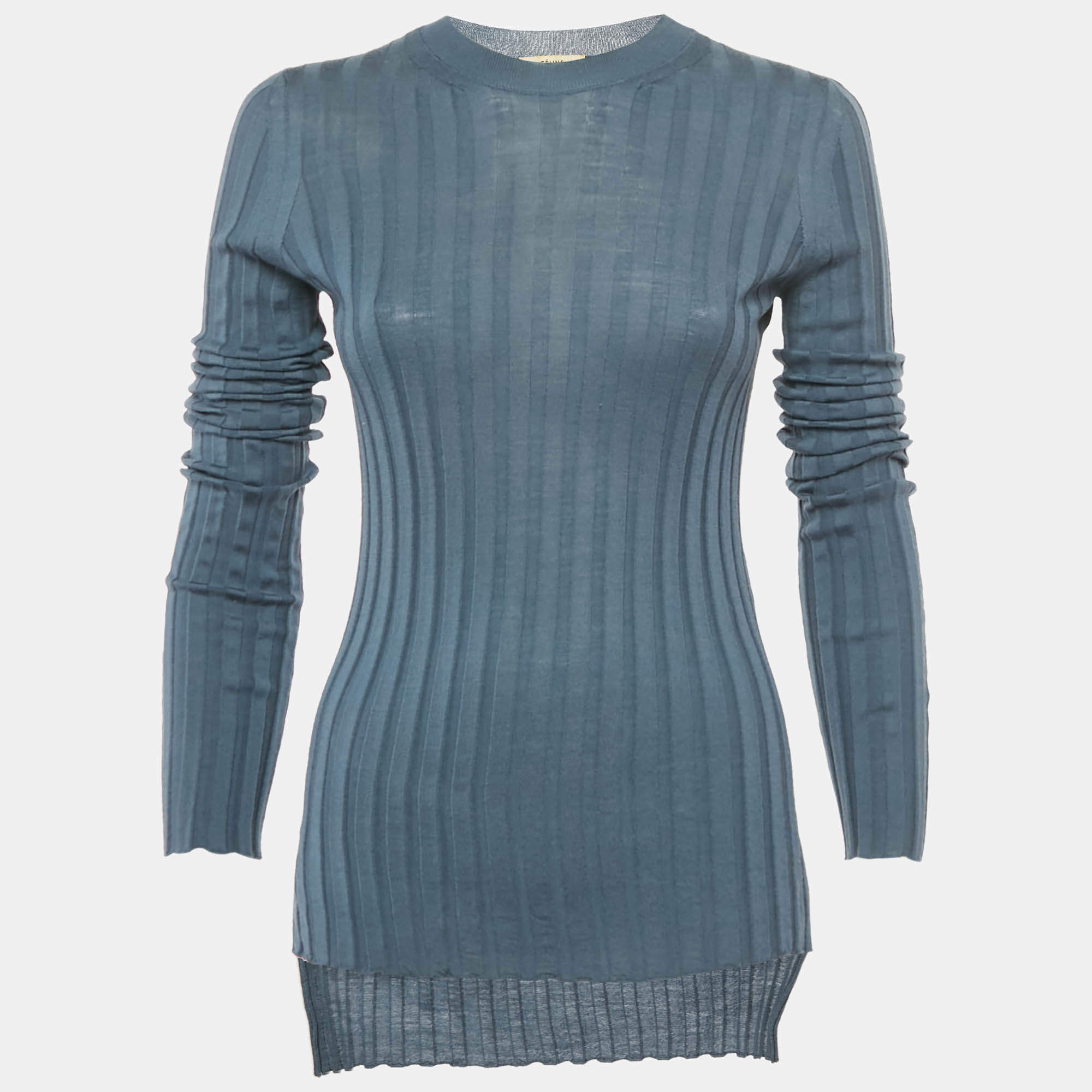 Pre Owned Celine Blue Wool Rib Knit Full Sleeve Top S