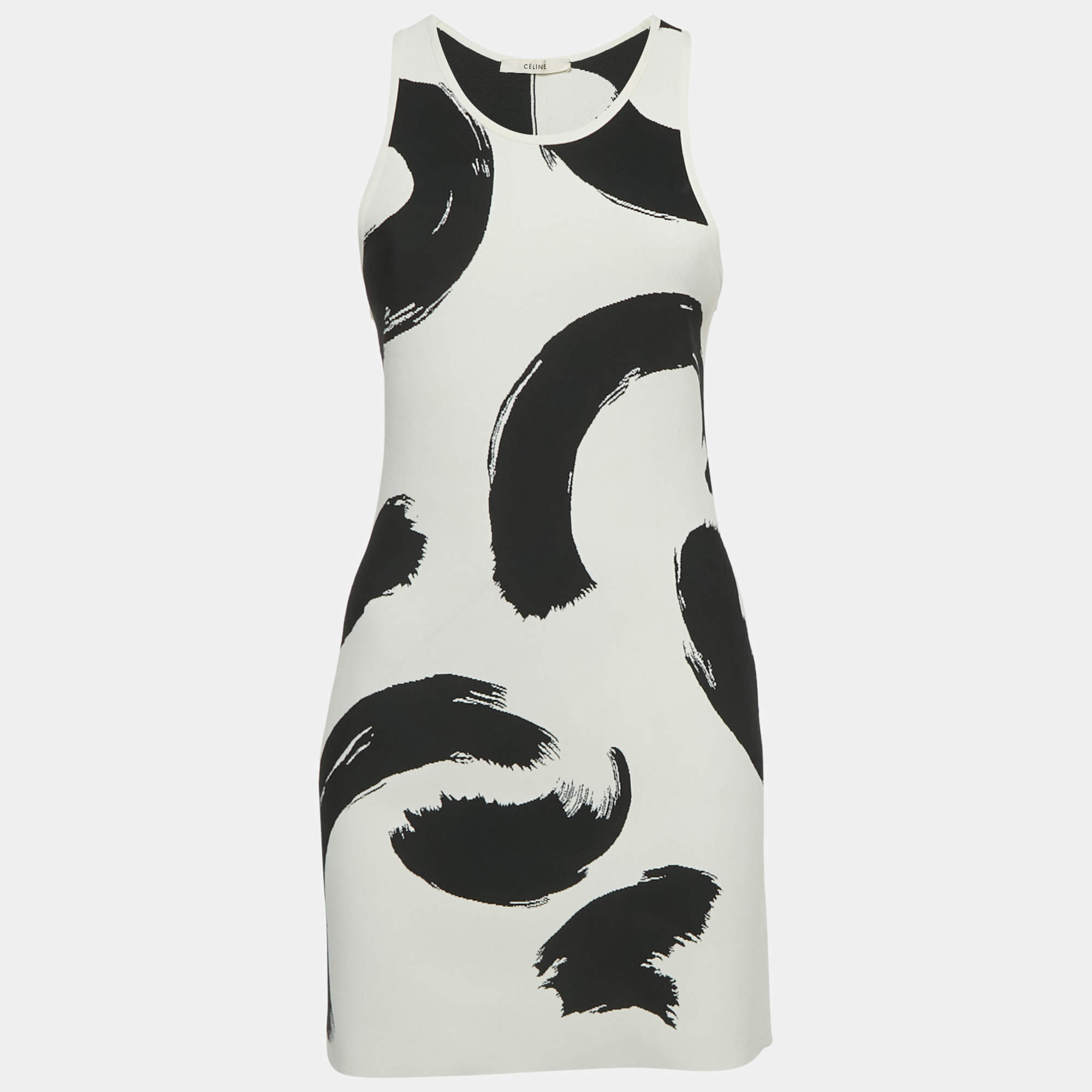 Pre Owned Celine White/Black Jacquard Stretch Knit Mini Dress S
