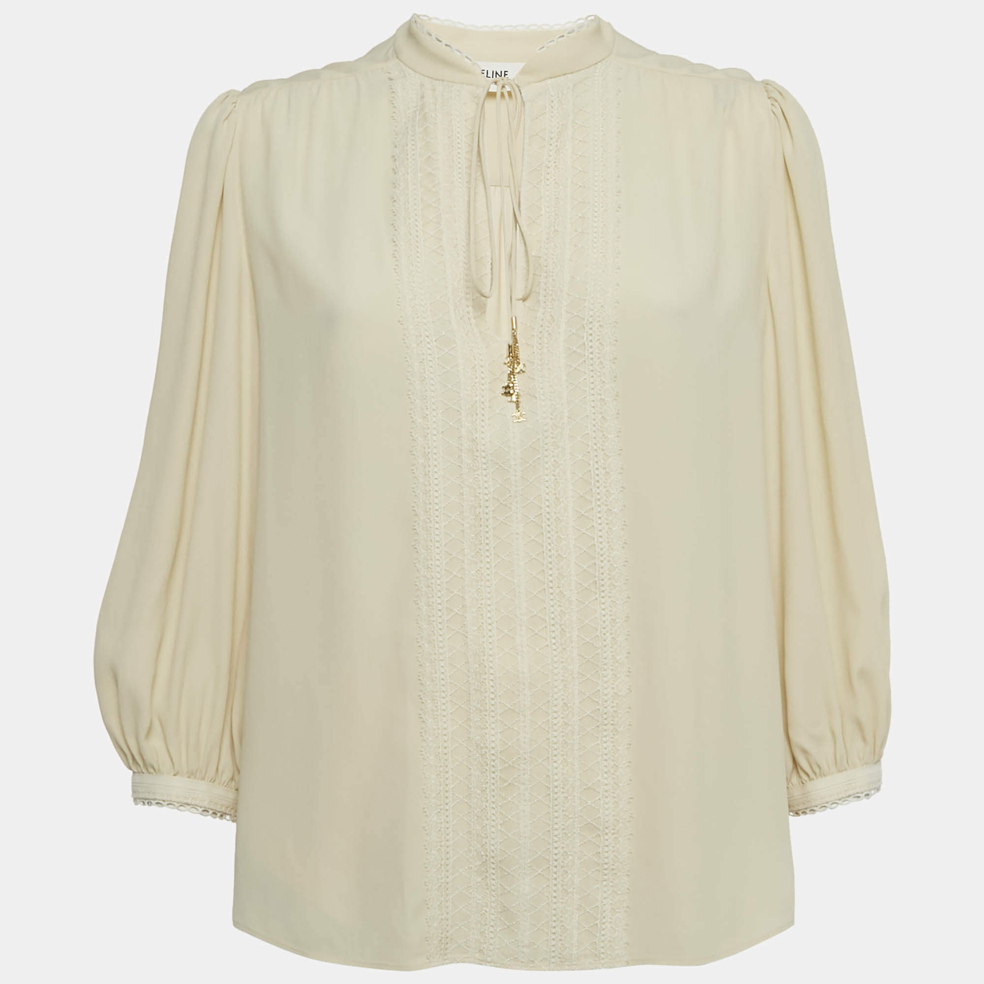 Pre Owned Celine Cream Crepe Silk Blend Lace & Neck Tie Detail Blouse S 