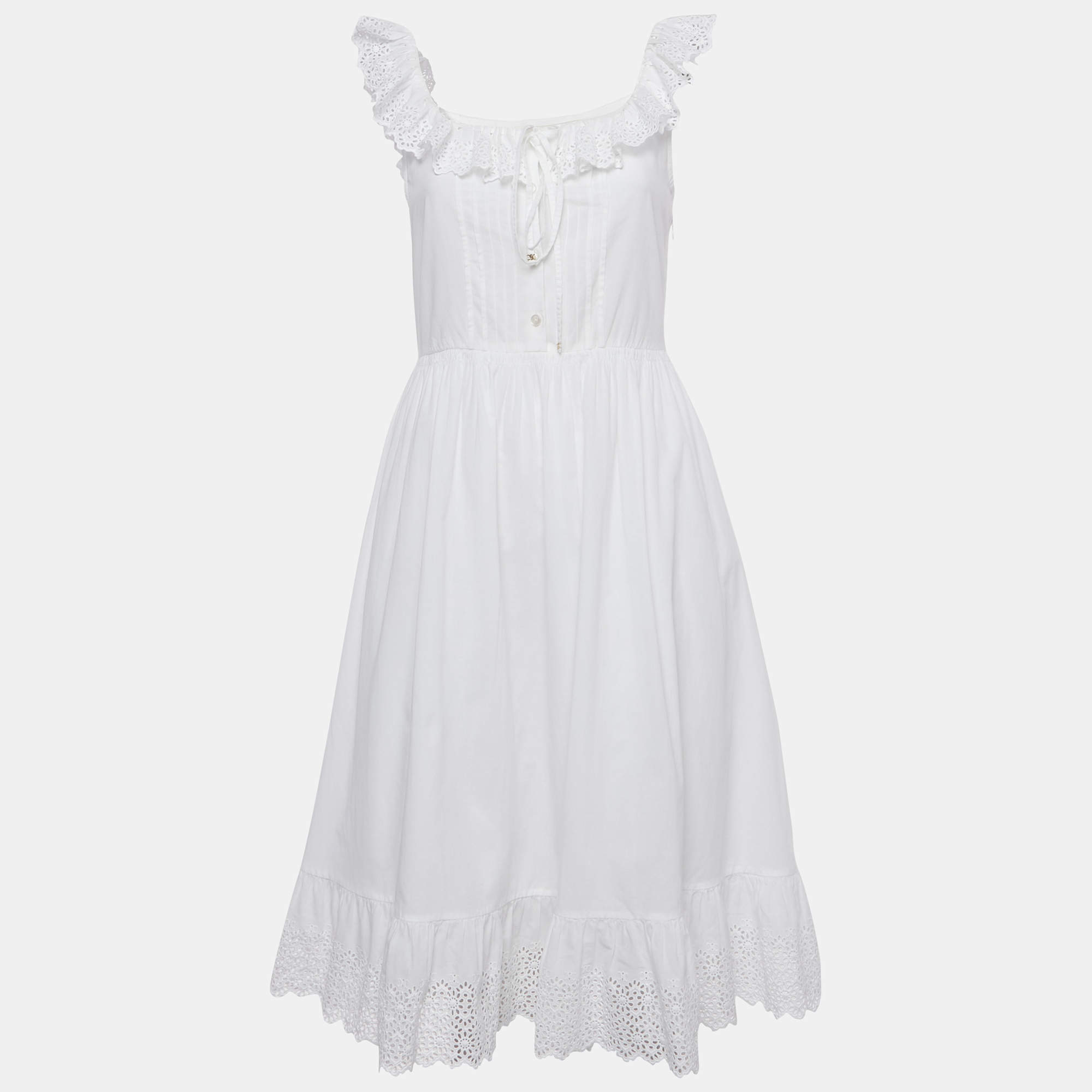Pre Owned Celine White Cotton Floral Eyelet Frill Detail Midi Dress S