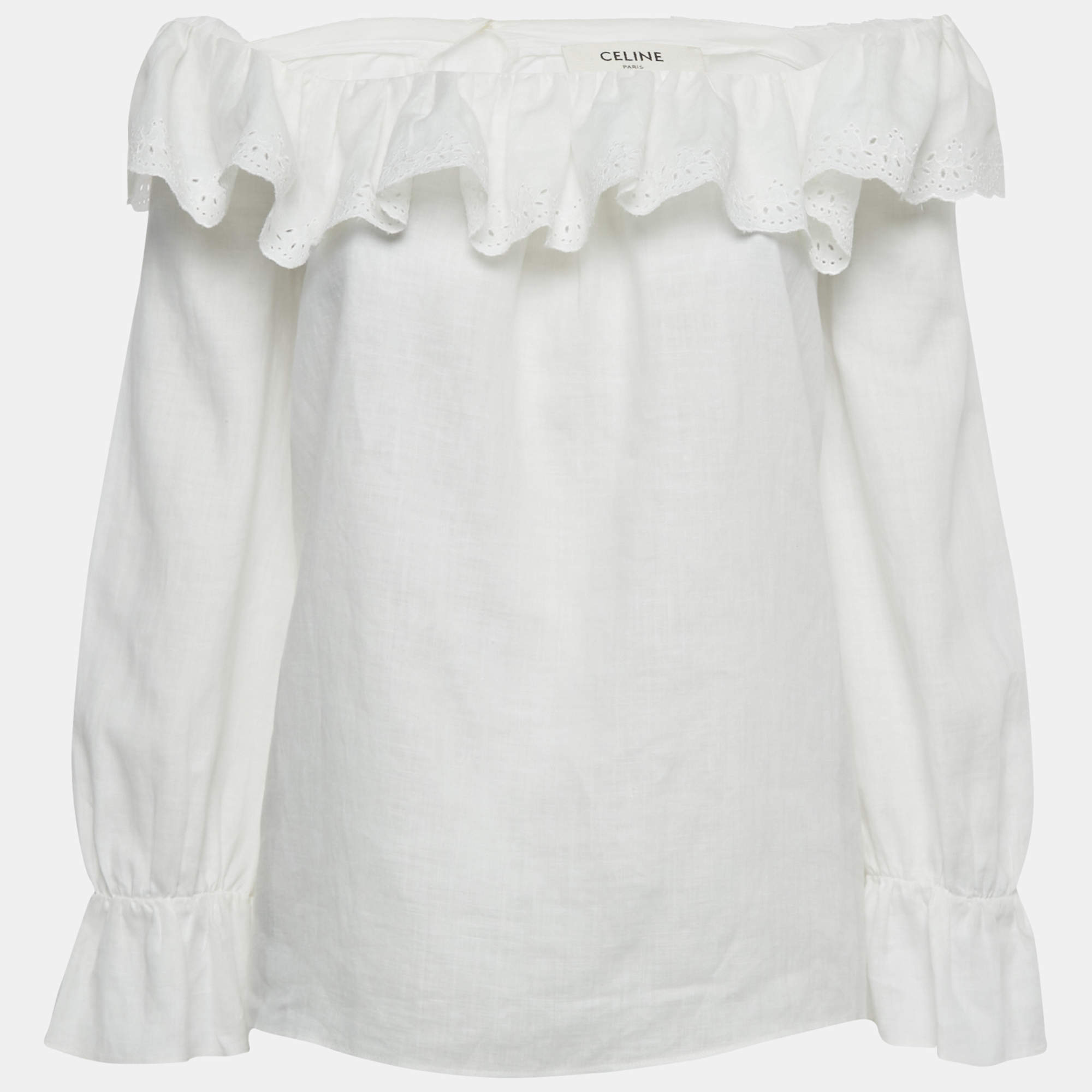 Pre Owned Celine White Cotton & Ramie Eyelet Frill Detail Prairie Blouse M