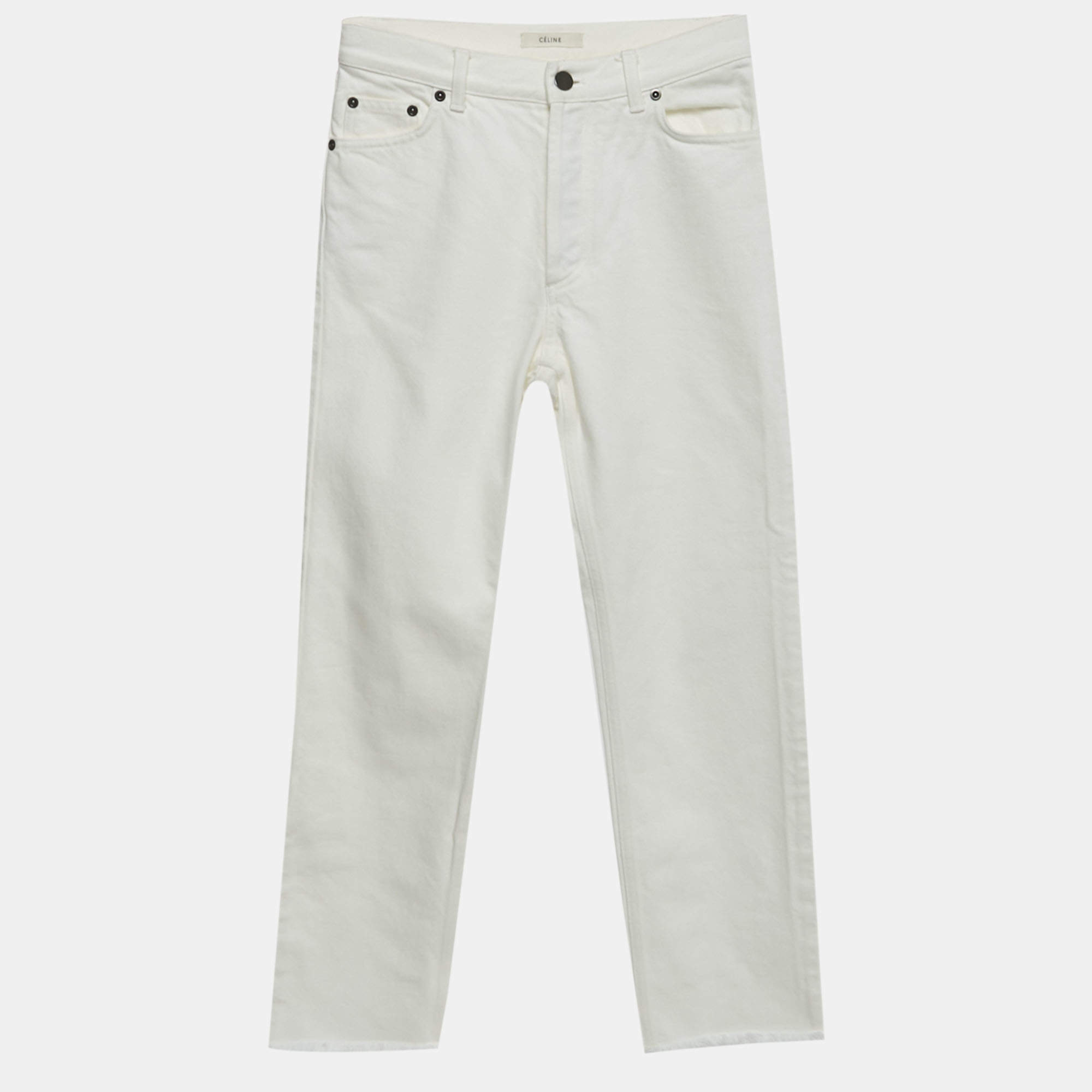 مملوكة مسبقًا Celine White Denim Raw Edge Hem Jeans S Waist 25"