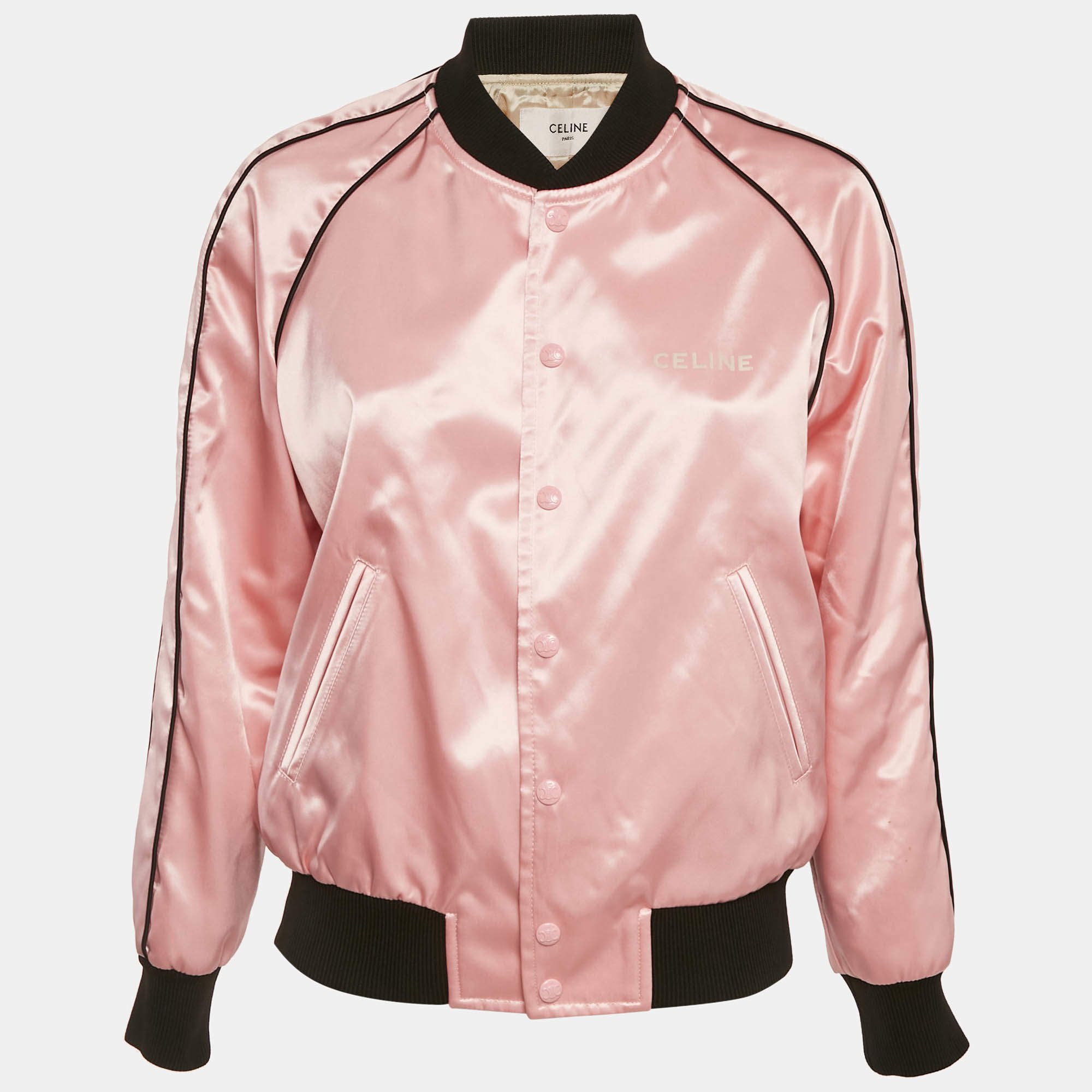Pre Owned Celine Pink Sateen Contrast Trim Detail Bomber Jacket S