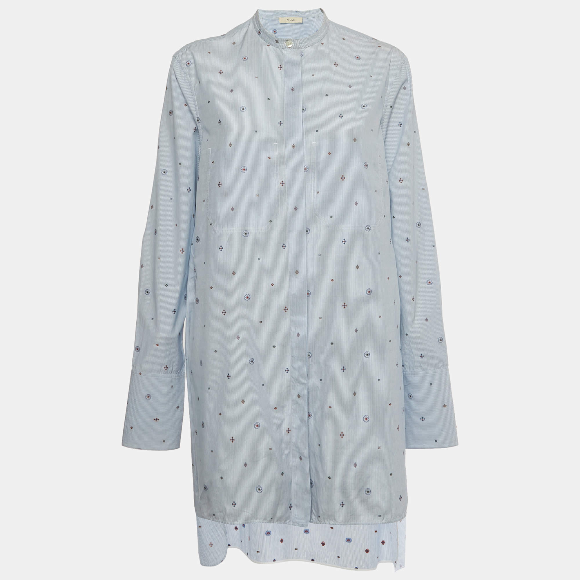Pre Owned Celine Blue Striped Cotton Embroidered Asymmetric Hem Shirt L
