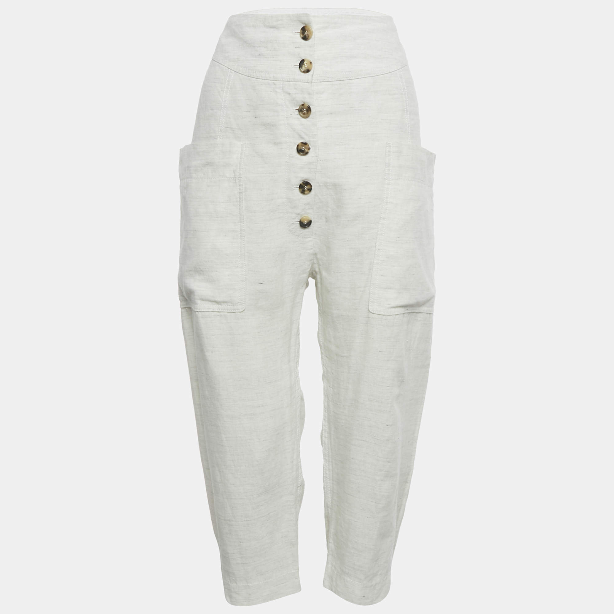 Pre Owned Celine White Patterned Linen Trousers S
