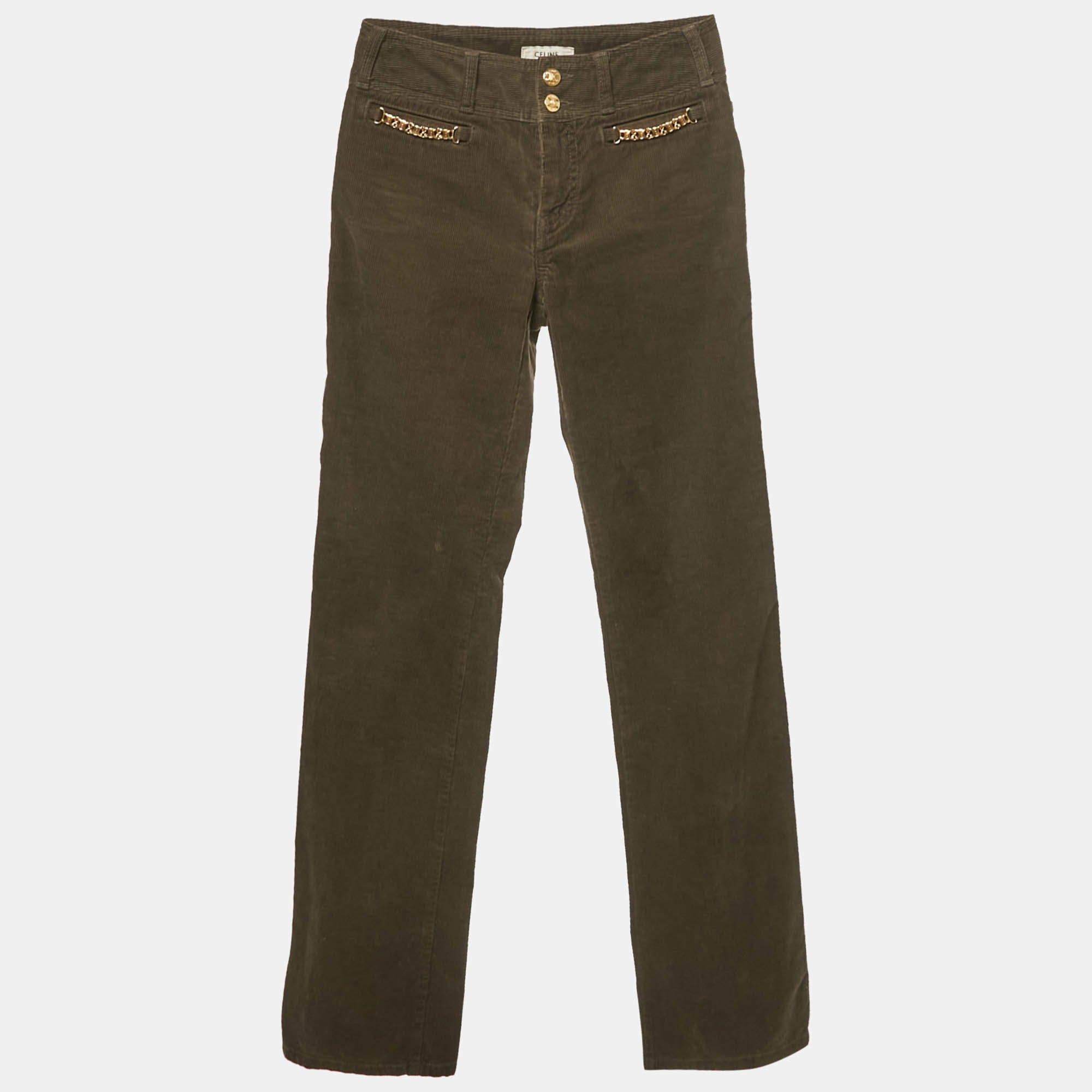 Pre Owned Celine Green Triomphe Detail Corduroy Jeans S/Waist 25"