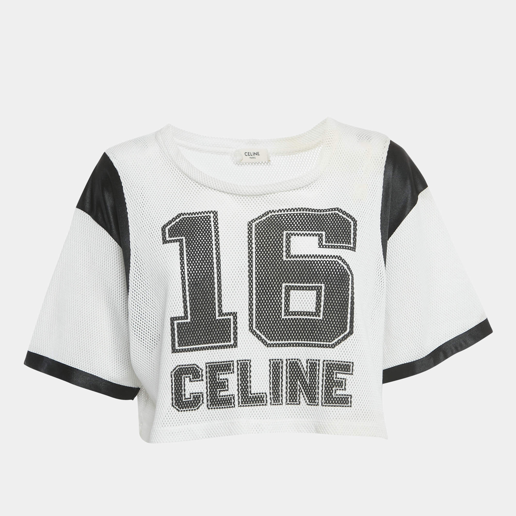 Pre Owned Celine White Printed Mesh Jersey Crop Top S