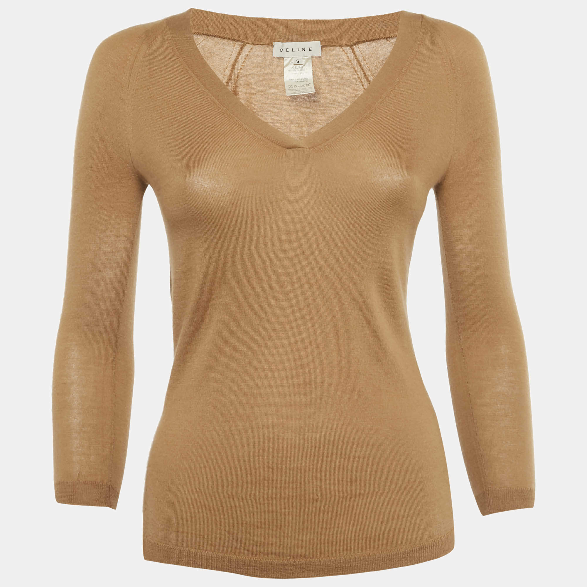 Pre Owned Celine Brown Cashmere V-Neck Sweater S