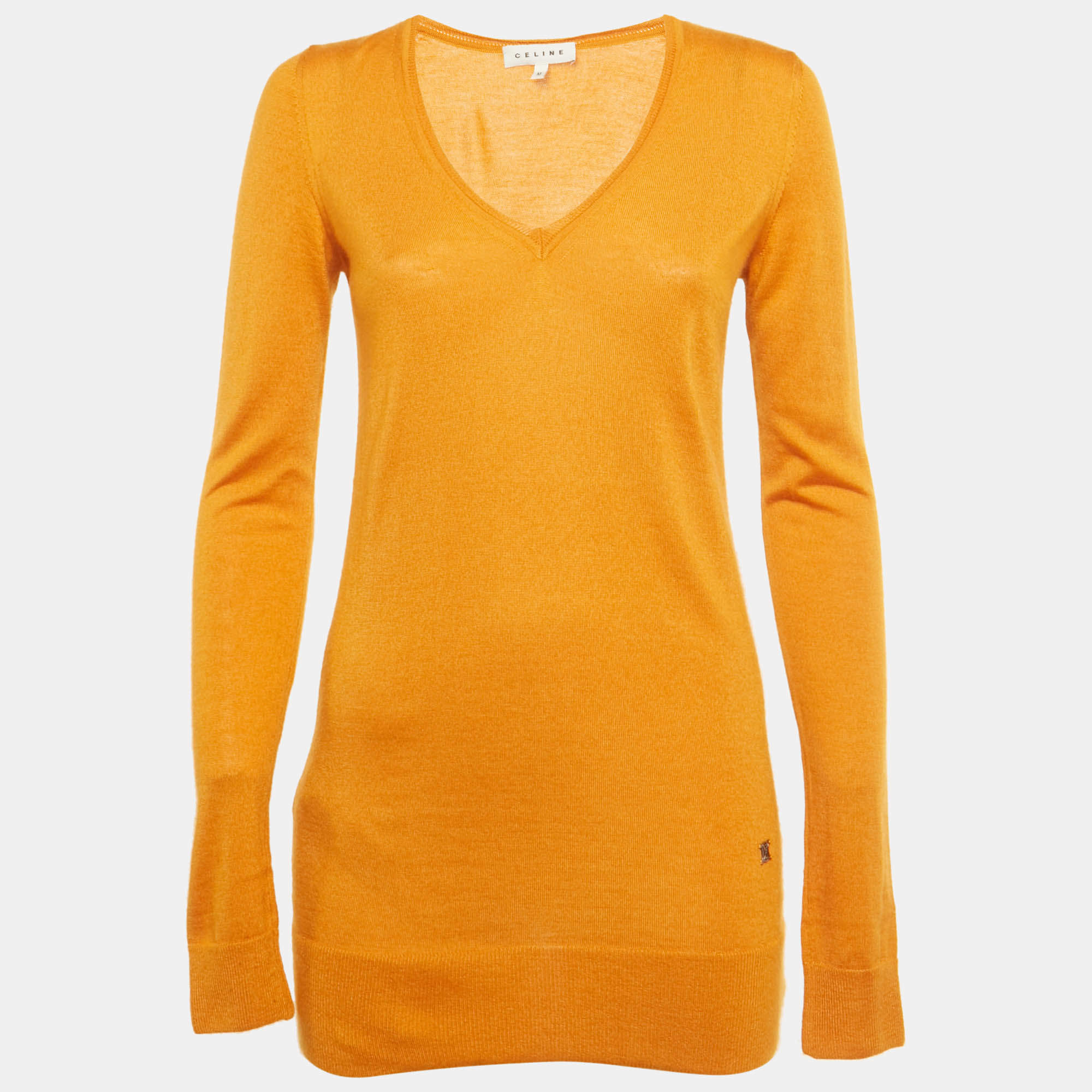 Pre Owned Celine Orange Cashmere Knit V-Neck Sweater M