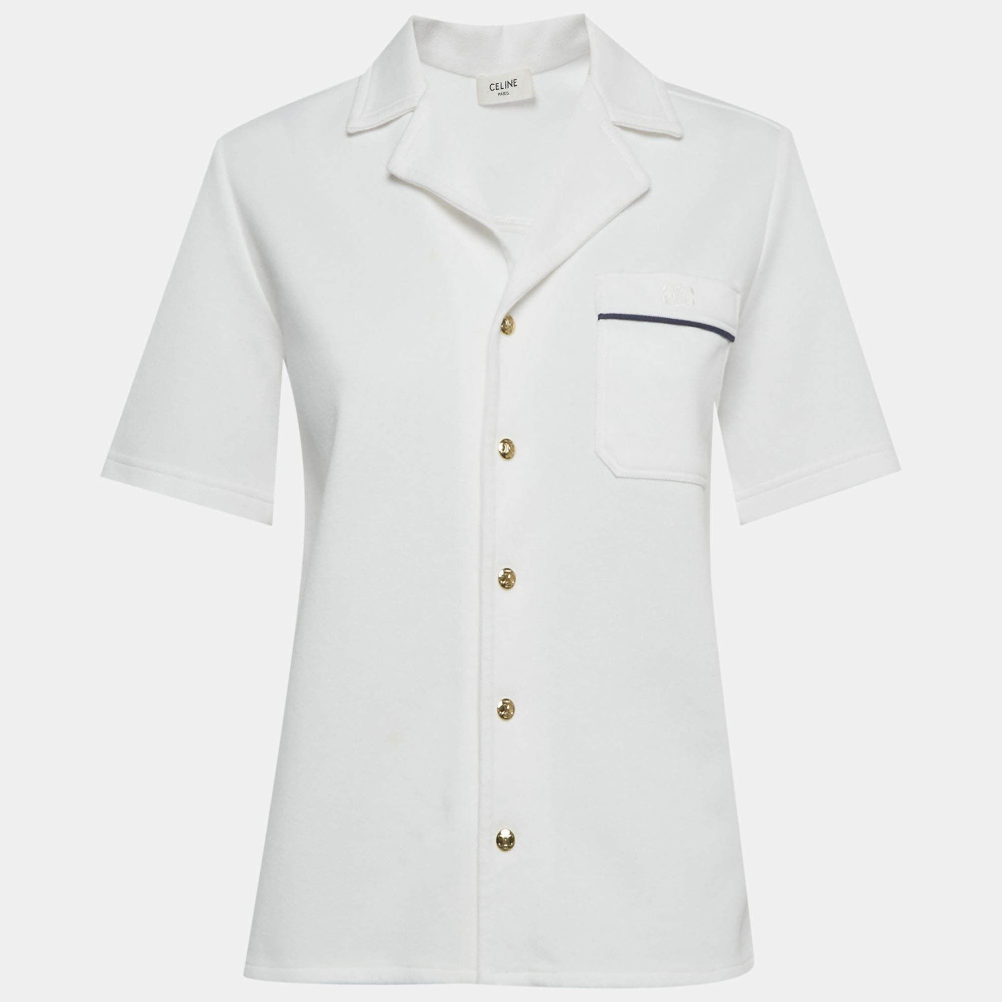 Pre Owned Celine White Cotton Button Front Short Sleeve Shirt S