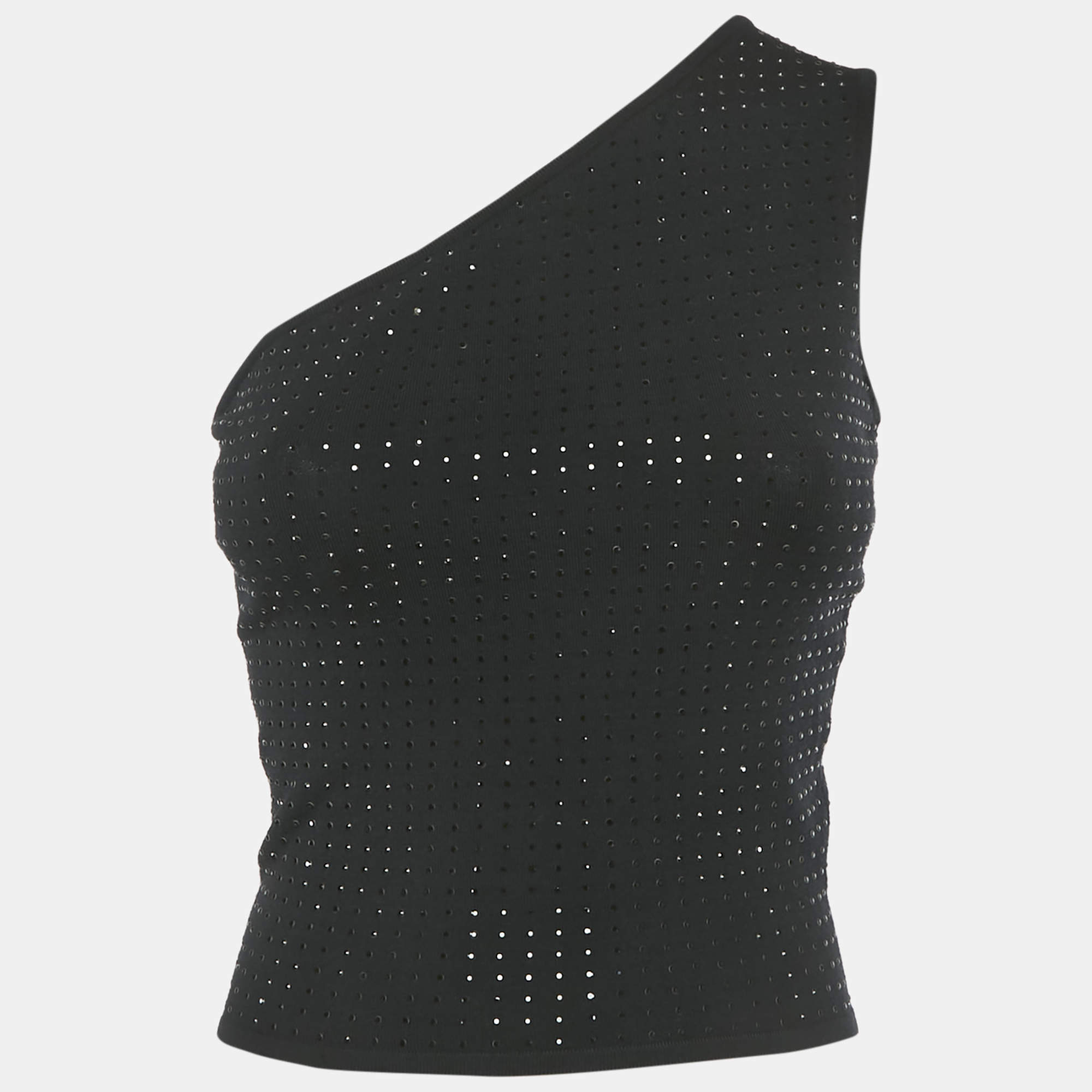 Pre Owned Celine Black Rhinestone Stretch Knit One Shoulder Top S