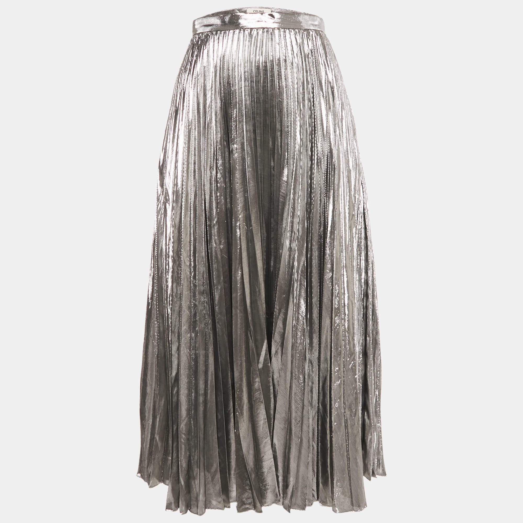 مملوكة مسبقًا Celine Silver Lamé Plisse Midi Skirt M