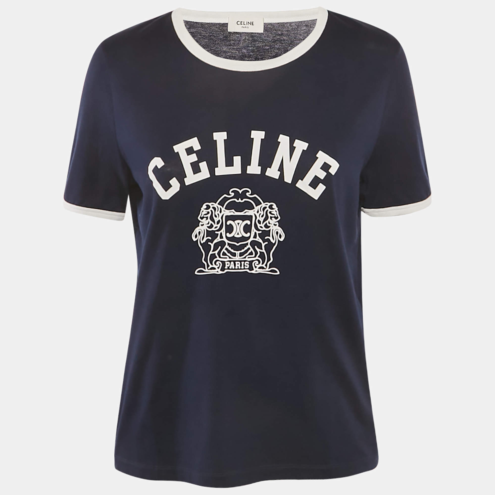 Pre Owned Celine Navy Blue Blason 70's Printed Cotton Knit T-Shirt L