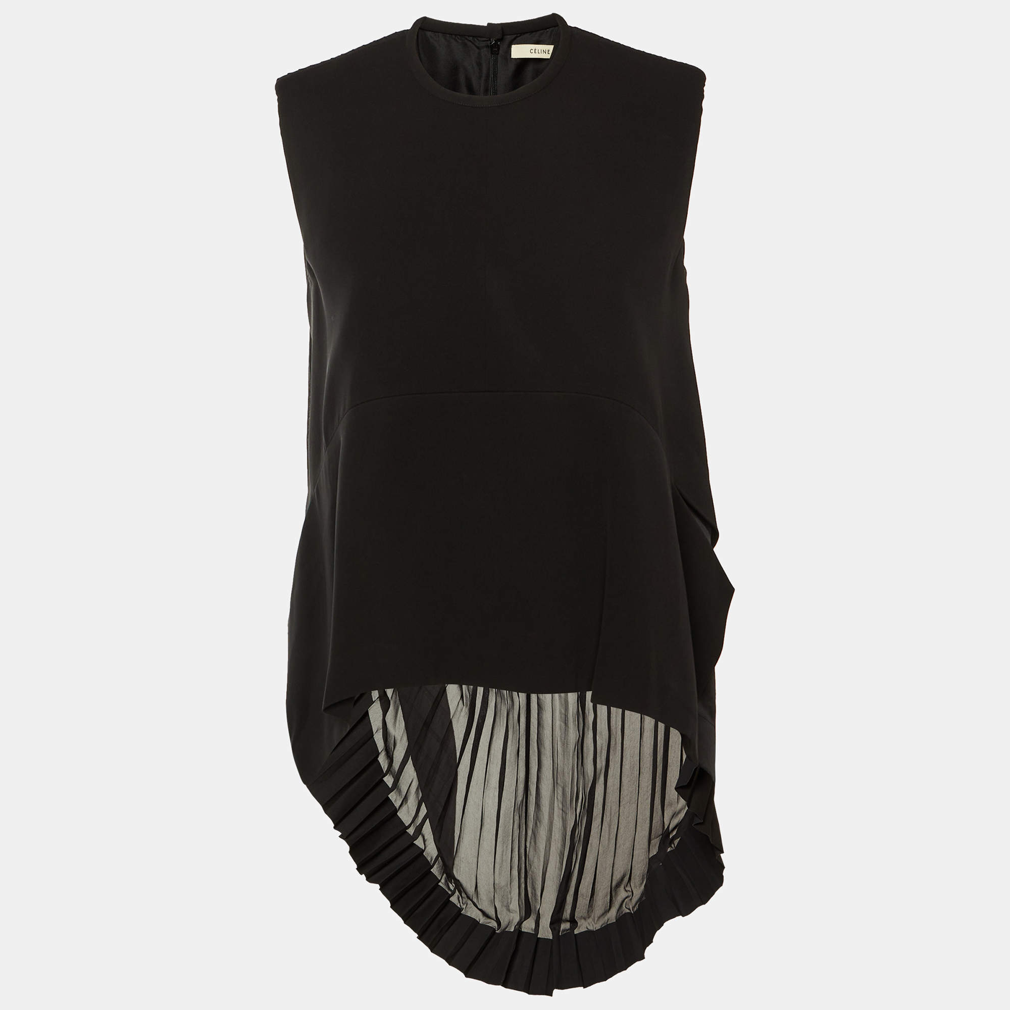 Pre Owned توب سيلين حرير أسود طيات تفاصيل الظهر عالي منخفض متوسط