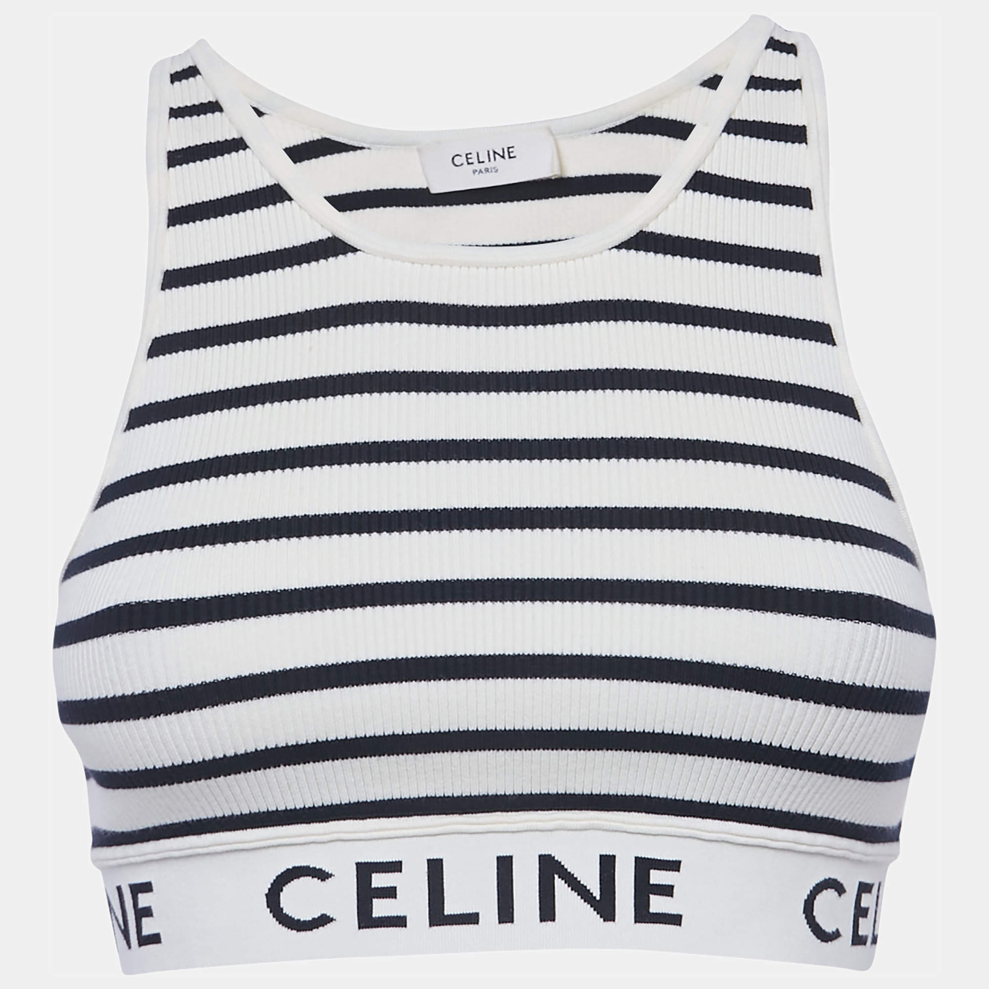 مملوكة مسبقًا Celine White Striped Rib Knit Crop Tank Top S