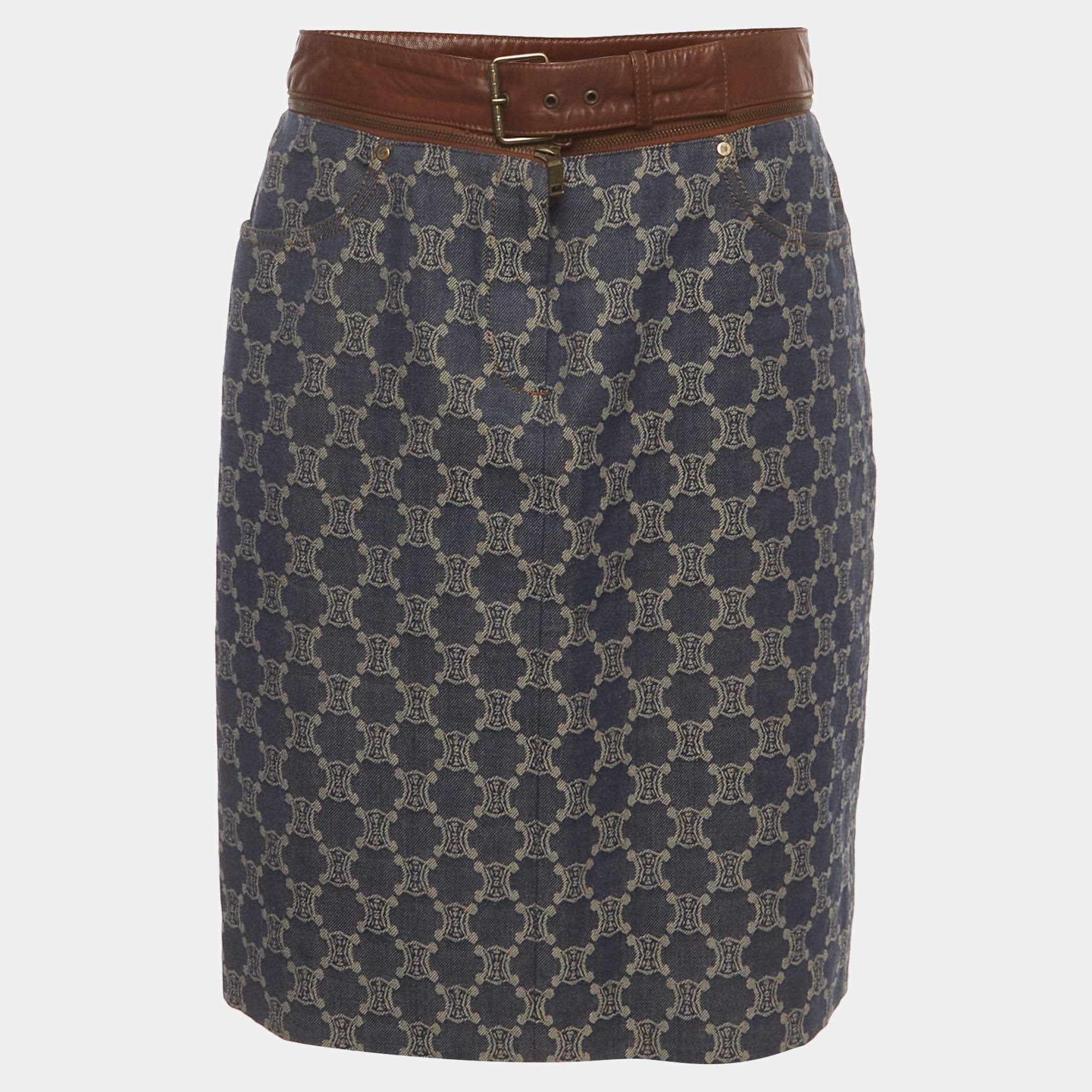 Pre Owned Celine Blue Macadam Denim and Leather Pencil Short Skirt M 