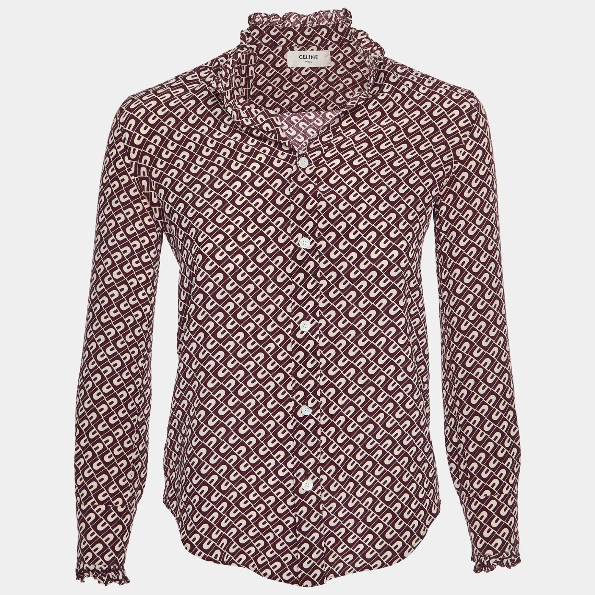 Pre Owned Celine Burgundy Geometric Print Silk-Crepe Ruffle Blouse S