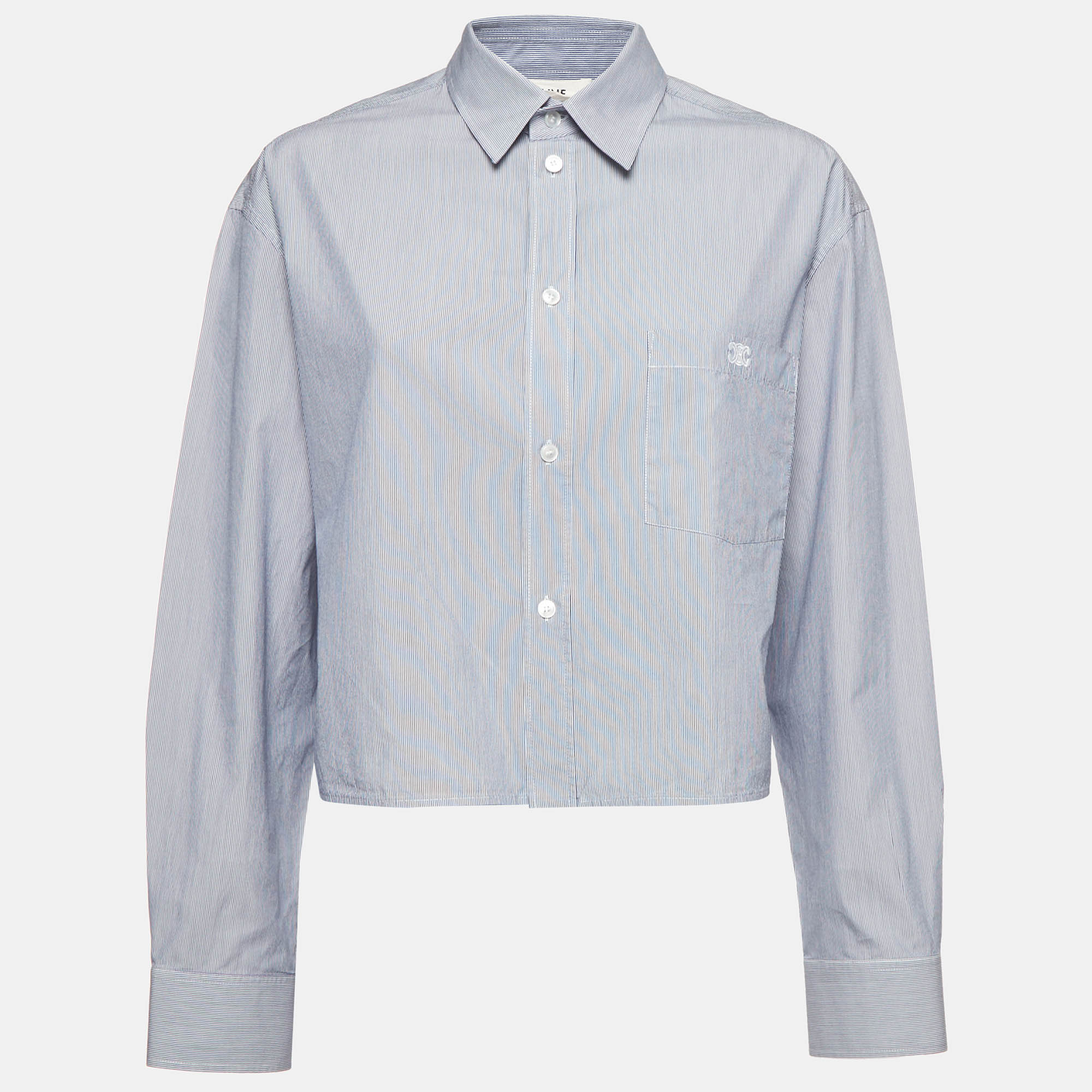 Pre Owned Celine Blue Striped Cotton Silk Blend Cropped Shirt M