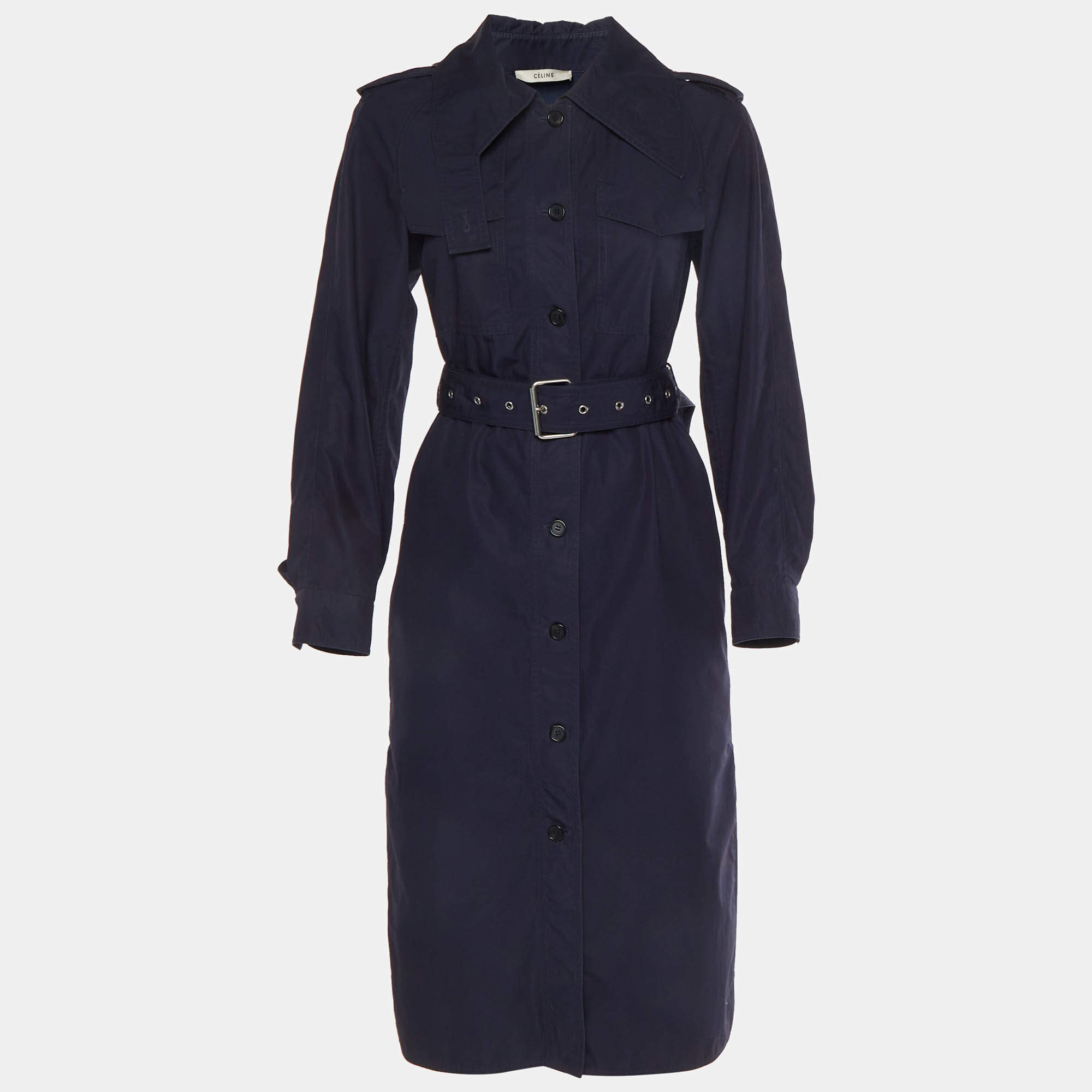 مملوكة مسبقًا Celine Navy Blue Cotton Button Front Belted Trench Coat S