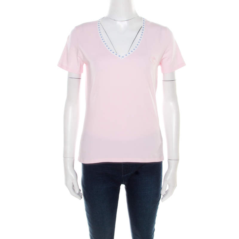 Celine Pink Jersey Blazon Chaine Logo Embroidered Contrast Trim T-Shirt L