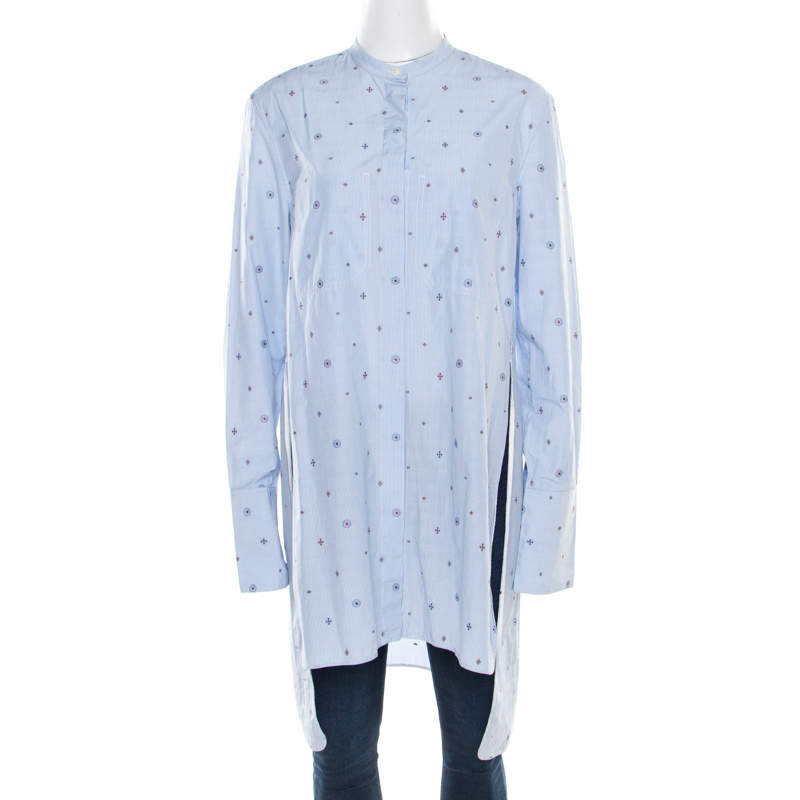 Pre Owned Celine Blue and White Striped Embroidered Cotton High Low Tunic M