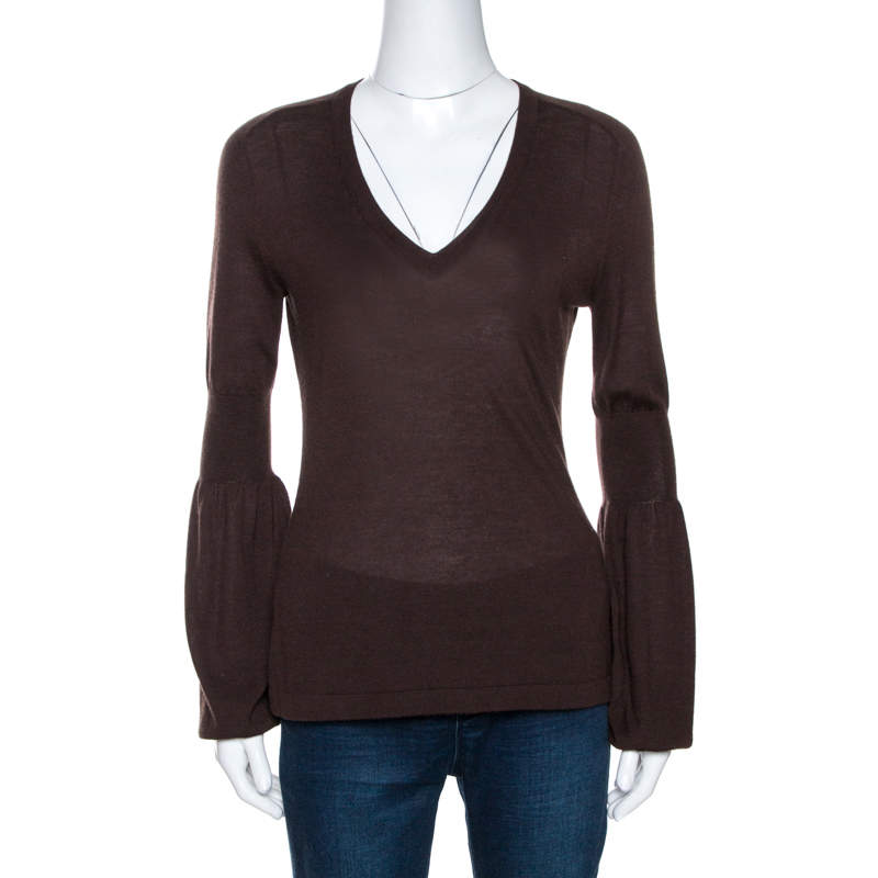 Pre Owned Celine Brown Cashmere Knit Long Sleeve Top M