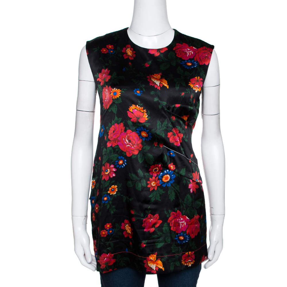 Pre Owned Celine Black Floral Printed Mulberry Silk Draped Detail Sleeveless Top M 