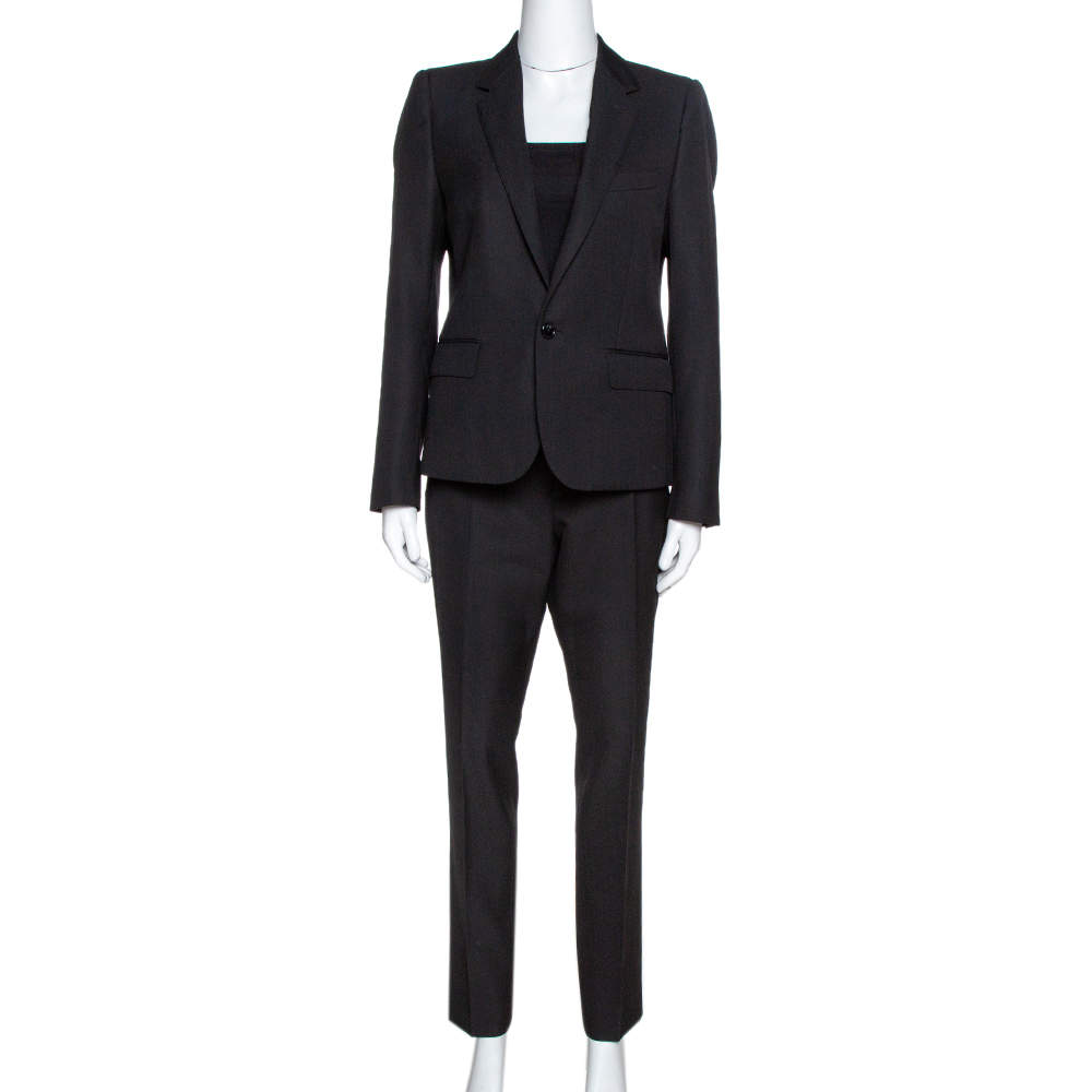 Pre Owned Celine Black Textured Wool Pant Suit M 