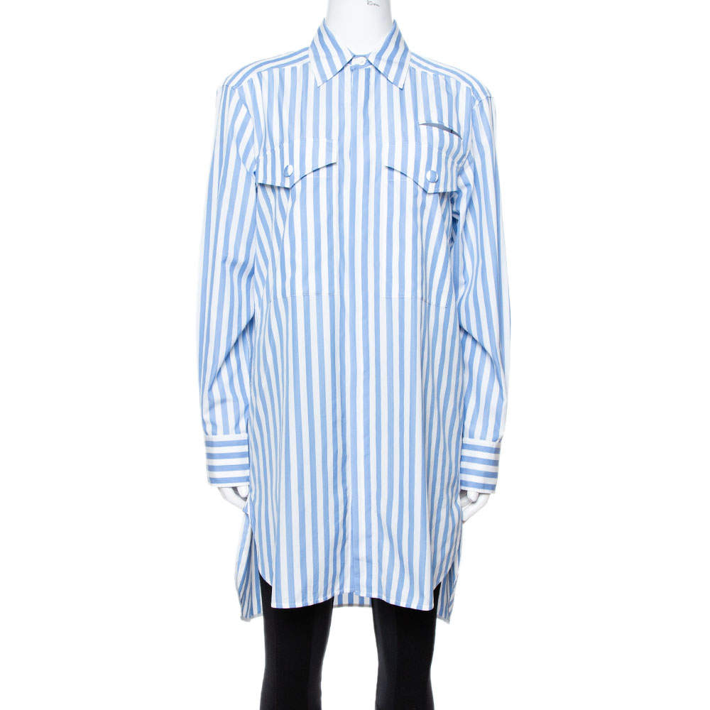 Pre Owned Celine Blue & White Striped Cotton Button Front Tunic S