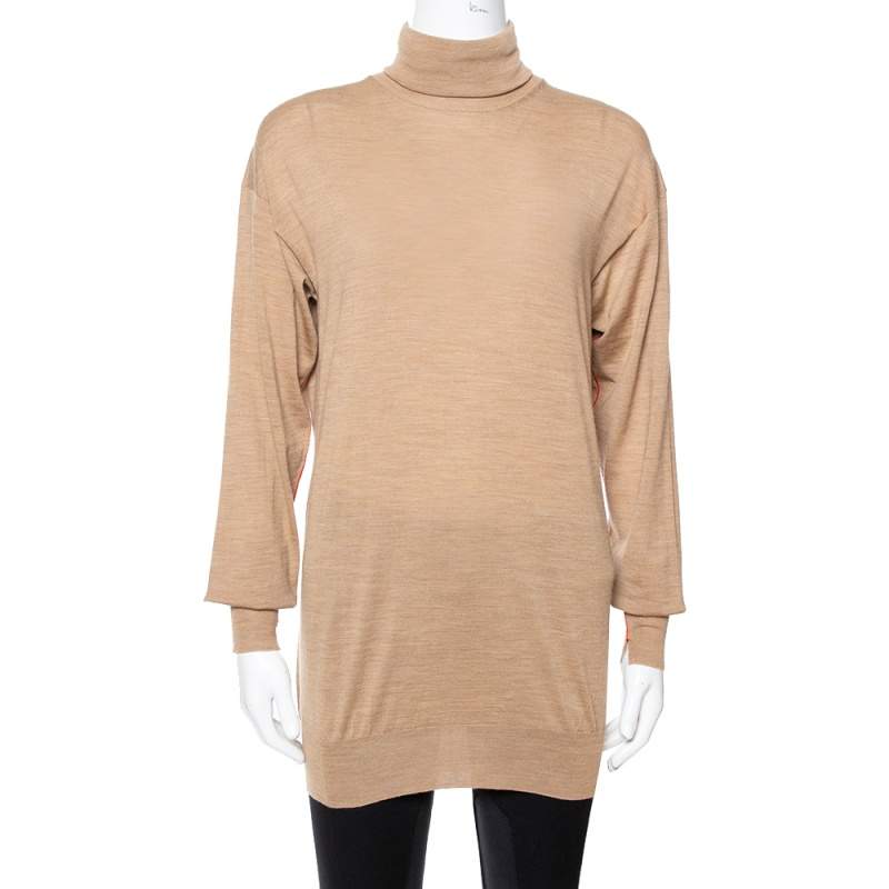 Pre Owned Celine Dark Beige Wool Contrast Stitch Detail Sweater S