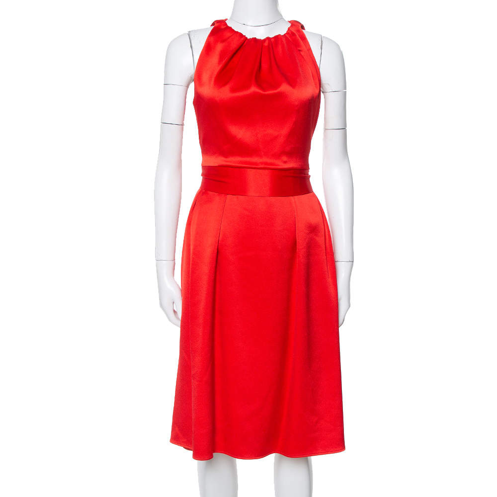 Celine Red Satin Open Back Bow Tie Waist Dress S