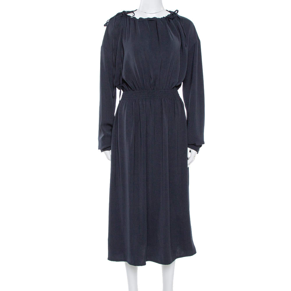 Pre Owned Celine Navy Blue Scoop Neck Full Sleeve Midi Dress M