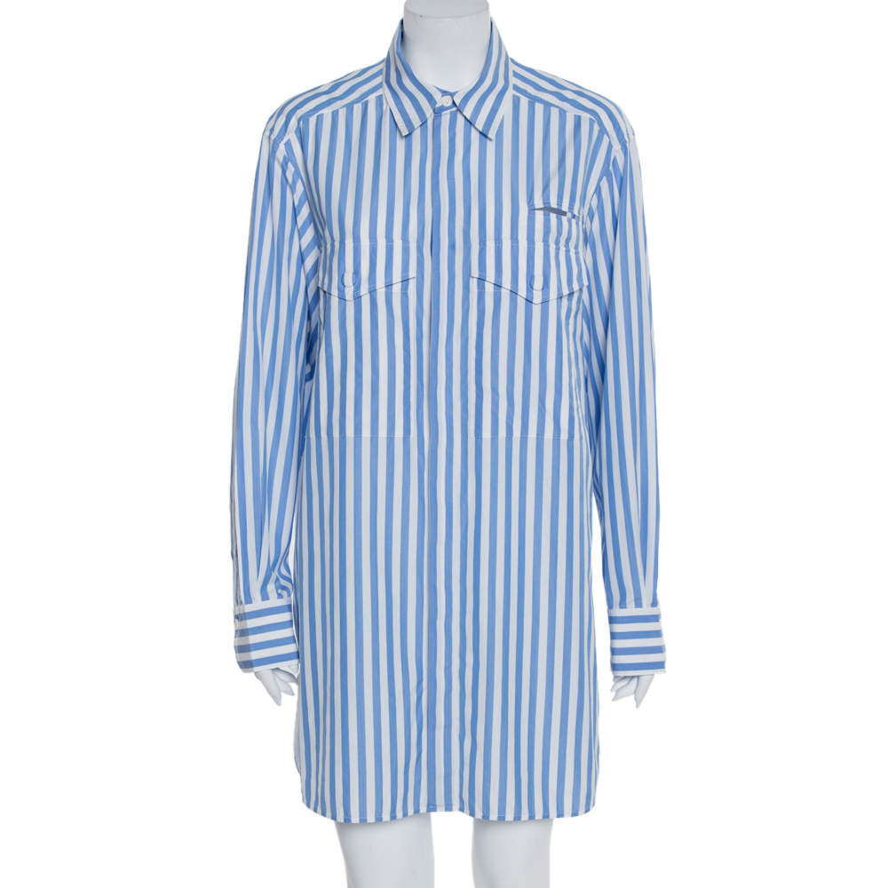Celine Blue Striped Cotton Patch Pocket Detail Shirt Dress L