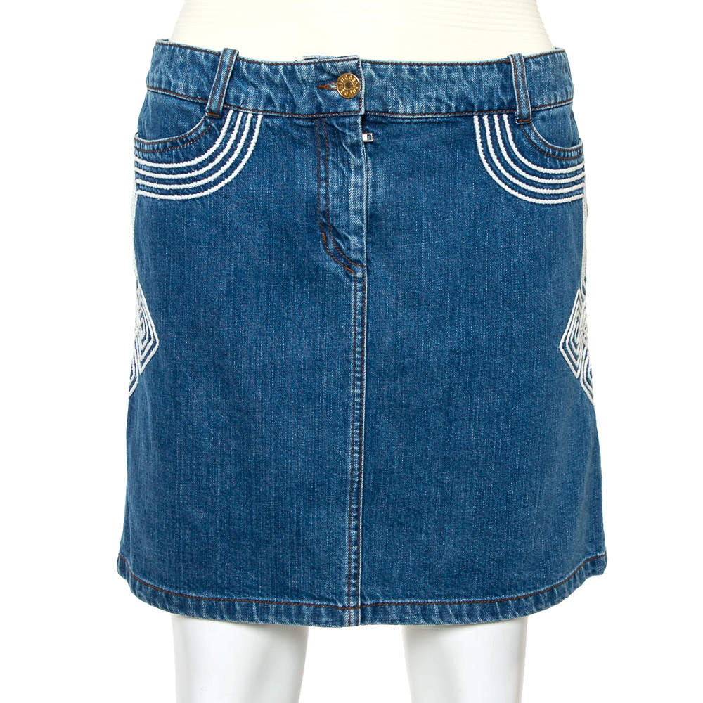 Pre Owned Celine Blue Denim Embroidered Mini Skirt S