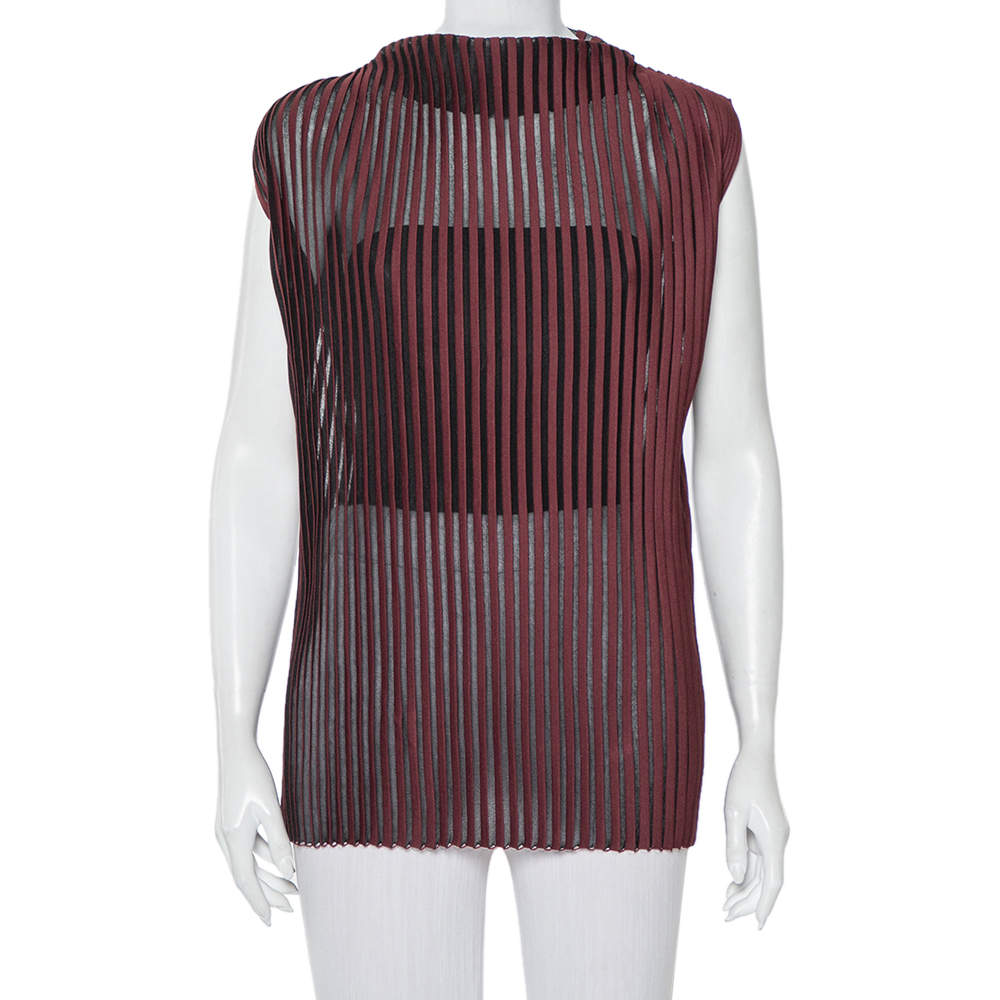 Pre Owned Celine Burgundy Striped Knit Structured Neck Detail Top S