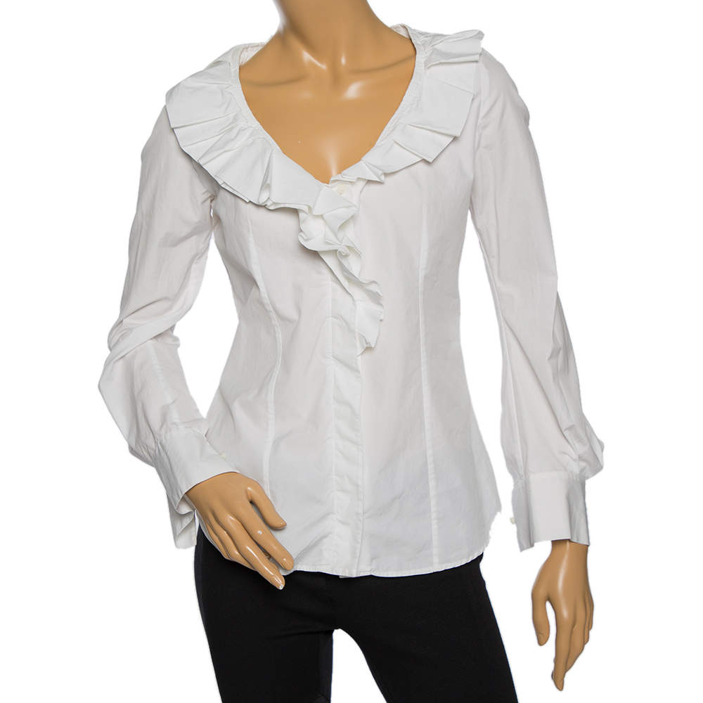 Pre Owned Celine White Cotton Ruffled Neck Detail Shirt M