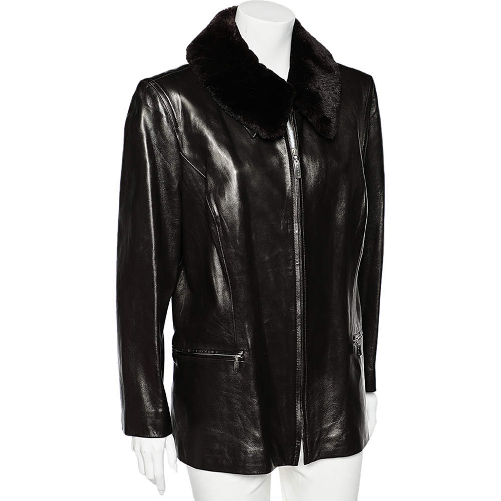 Celine Vintage Brown Leather Shearling Collar Zip Front