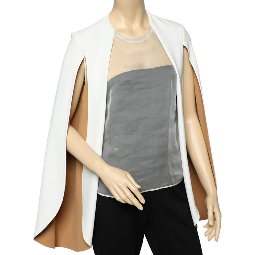 Pre Owned Celine Cream & Brown Crepe And Silk Cape Sleeve Sheer Detail Top M