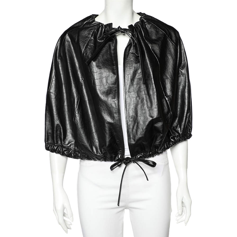 Celine Black Leather Drawstring Tie Cropped Cape M