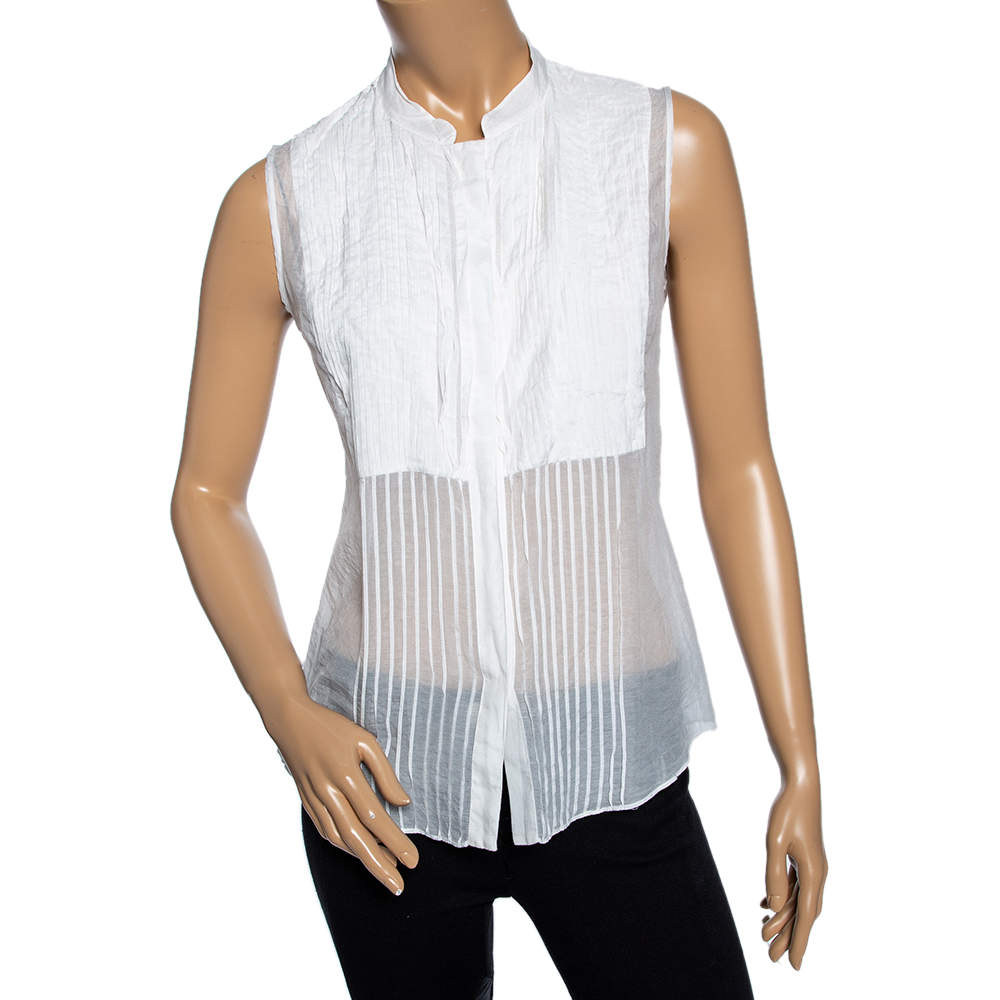 Celine White Cotton & Silk Pintuck Detail Sleeveless Top M